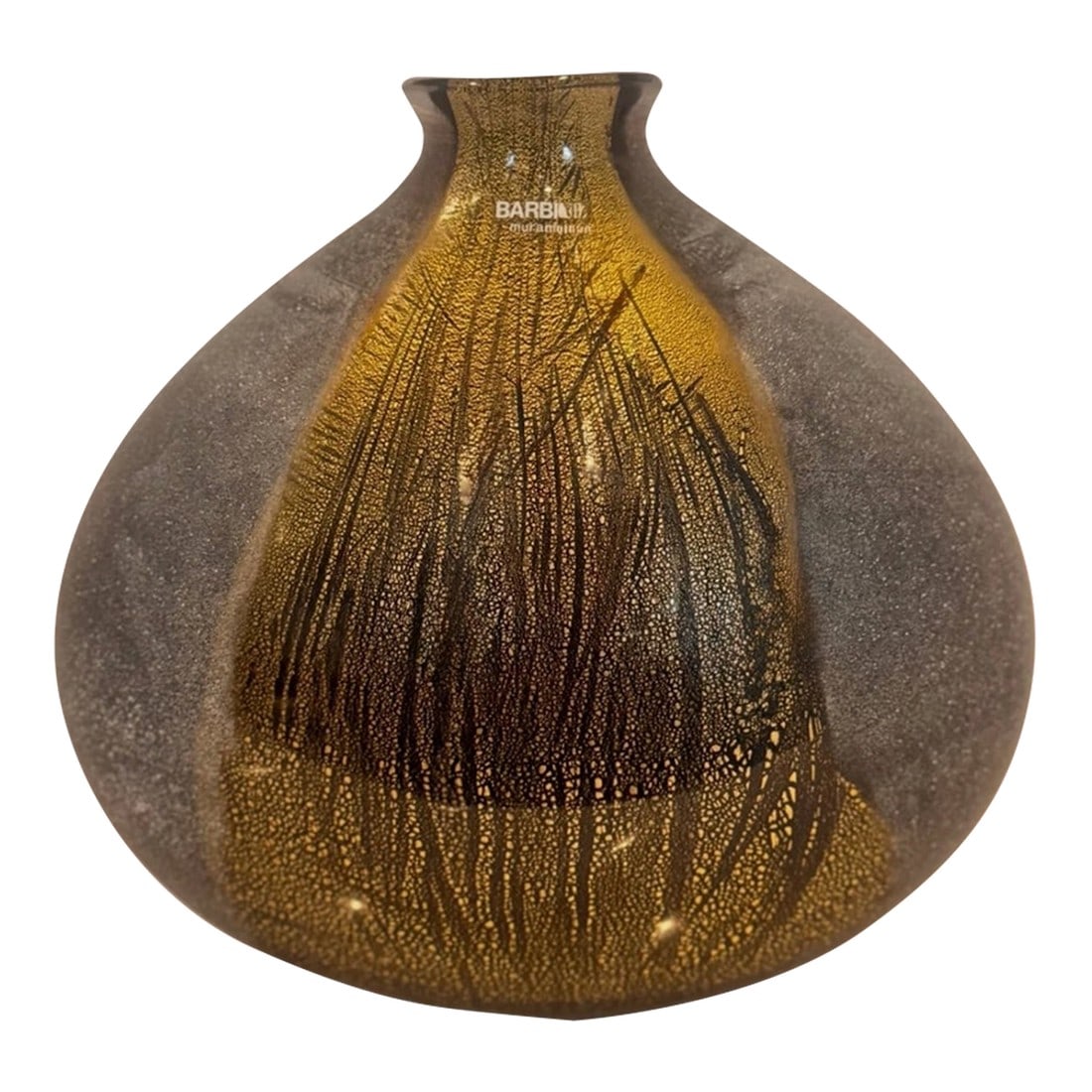 Mid 20th Century Alfredo Barbini Murano Gold Aventurine & Frosted Glass Vase: Elegant Murano art glass vase by master glassmaker Alfredo Barbini, Italy, circa 1960s–70s. The hand-blown form features a striking combination of gold aventurine inclusions encased in