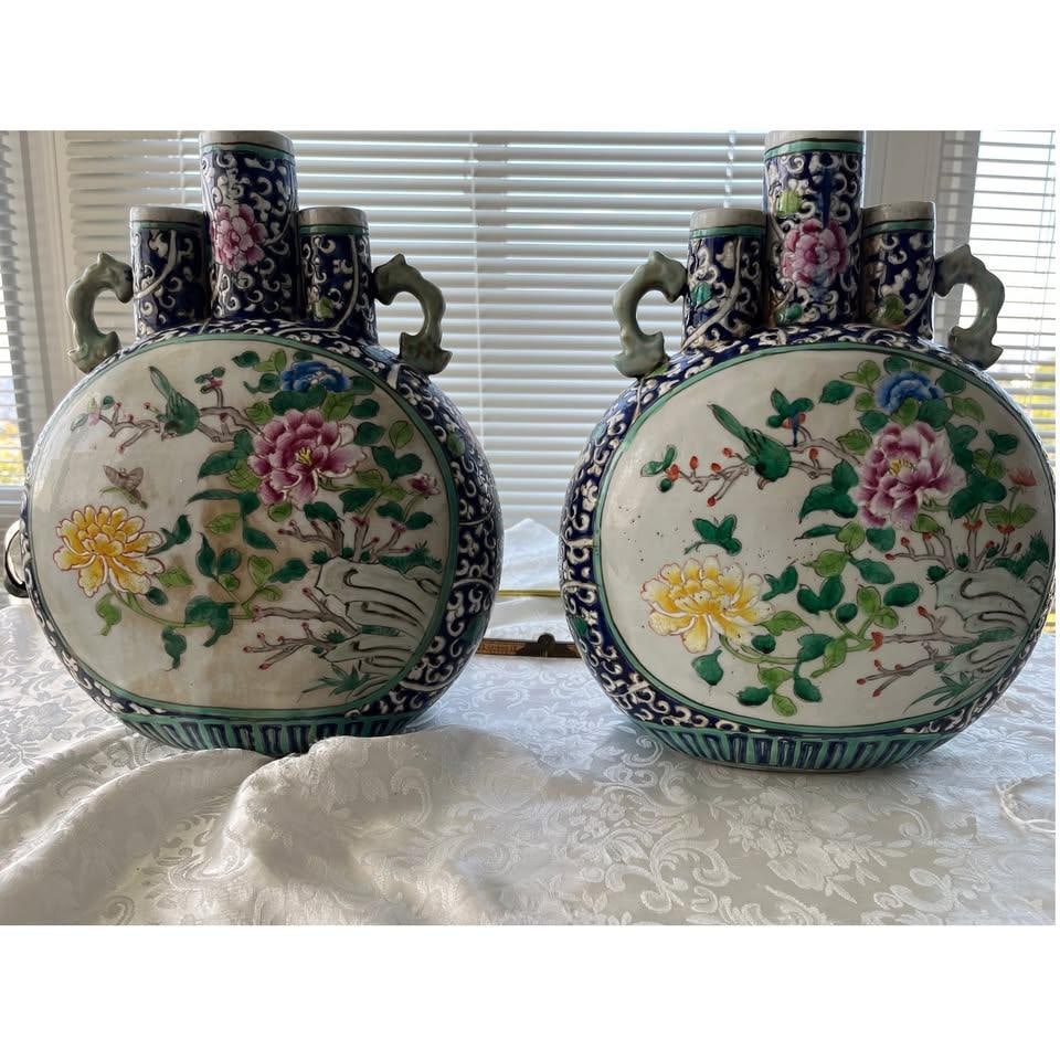 1920s Pair 15" Chinese Famille Rose Triple Spout Moon Flasks - Bird & Peony Vases - 7
