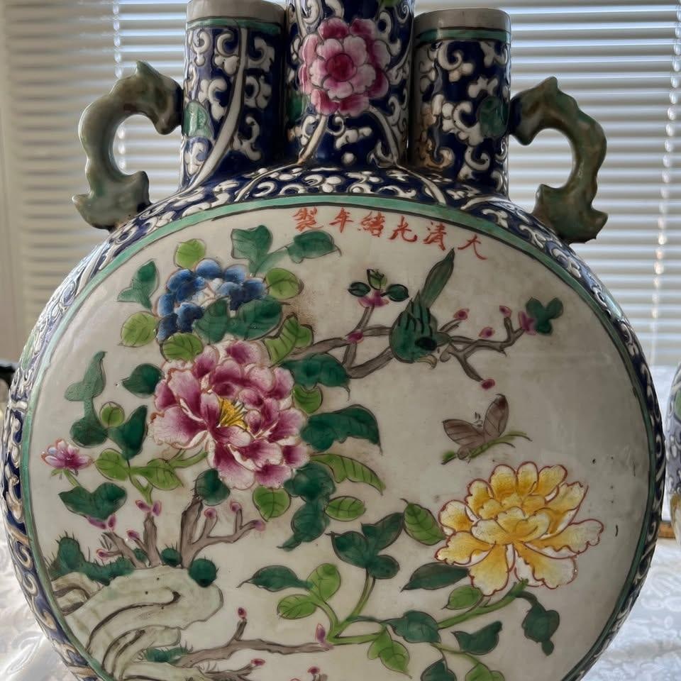 1920s Pair 15" Chinese Famille Rose Triple Spout Moon Flasks - Bird & Peony Vases - 8