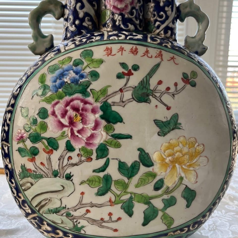 1920s Pair 15" Chinese Famille Rose Triple Spout Moon Flasks - Bird & Peony Vases - 9