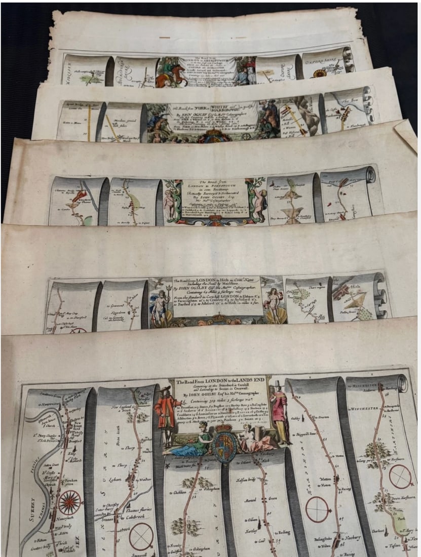 Set of 5 John Ogilby 1675 Hand Colored Road Maps Britannia England - 2