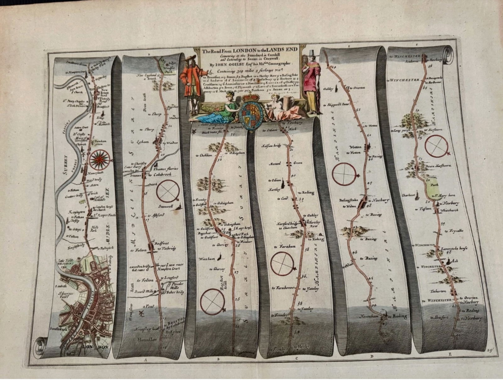 Set of 5 John Ogilby 1675 Hand Colored Road Maps Britannia England - 7