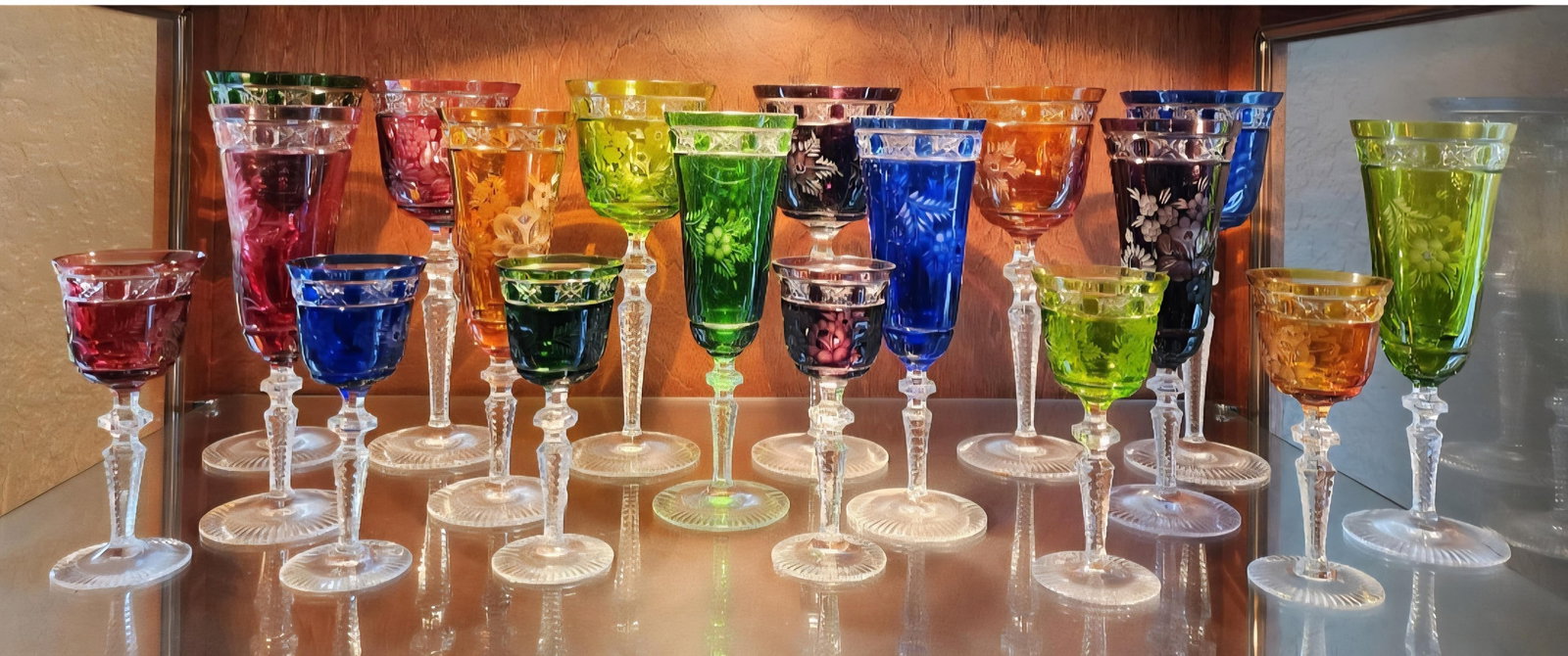 1950s Signed 18 Piece Colored Cut to Clear Bar Glass Set - 2