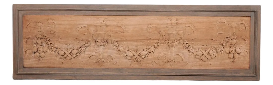 19th Century French 8+ Ft Long Neoclassical Wall Panel: A French Neoclassical, large-sized, carved-wood wall panel from the 19th century. This antique wall decoration from France has an elongated rectangular-shape and has been hand-carved in an elegant