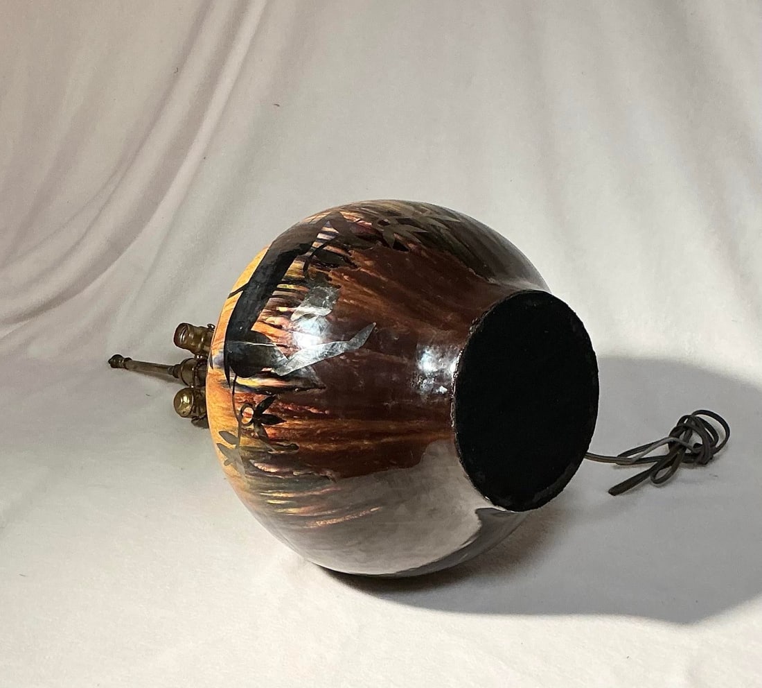 Vintage Mid Century Modern Pottery Table Lamp Drip Glaze Silver Overlay Gazelle Ram - 9