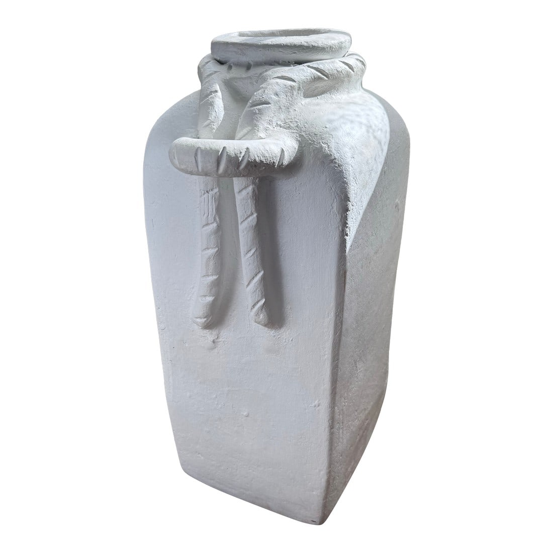 Circa 1970s Tall Sculptural Terra Cotta Planter –Organic Modern Form in the Spirit of John: A substantial circa 1970s hand-built terra cotta planter featuring a bold architectural silhouette and expressive applied rope detailing relief. The rectangular, plinth-like body rises into softly