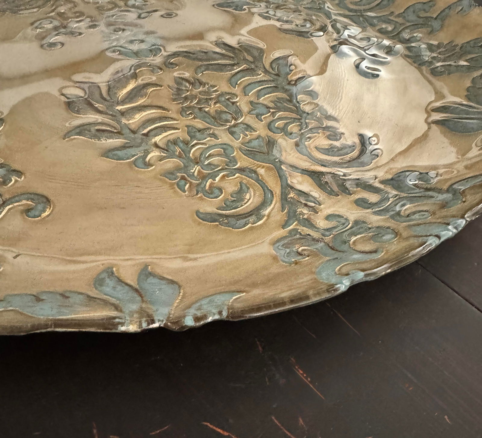 Monumental Mid 20th Century Old World Brass Charger With Verdigris Damask Relief - 2