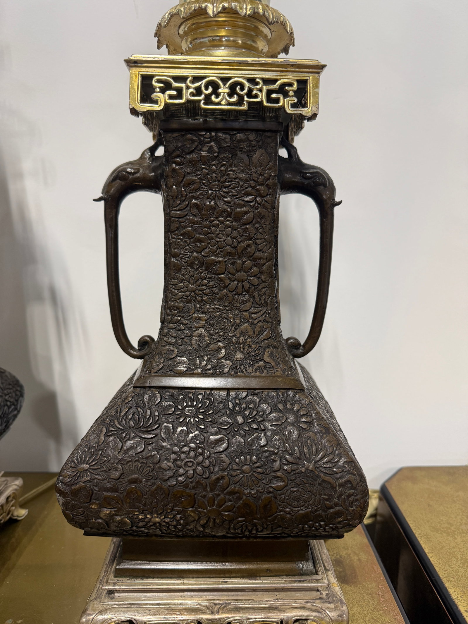 Pair, Aesthetic Movement Style East Asian Bronze Floral-Repoussé Table Lamps - 4