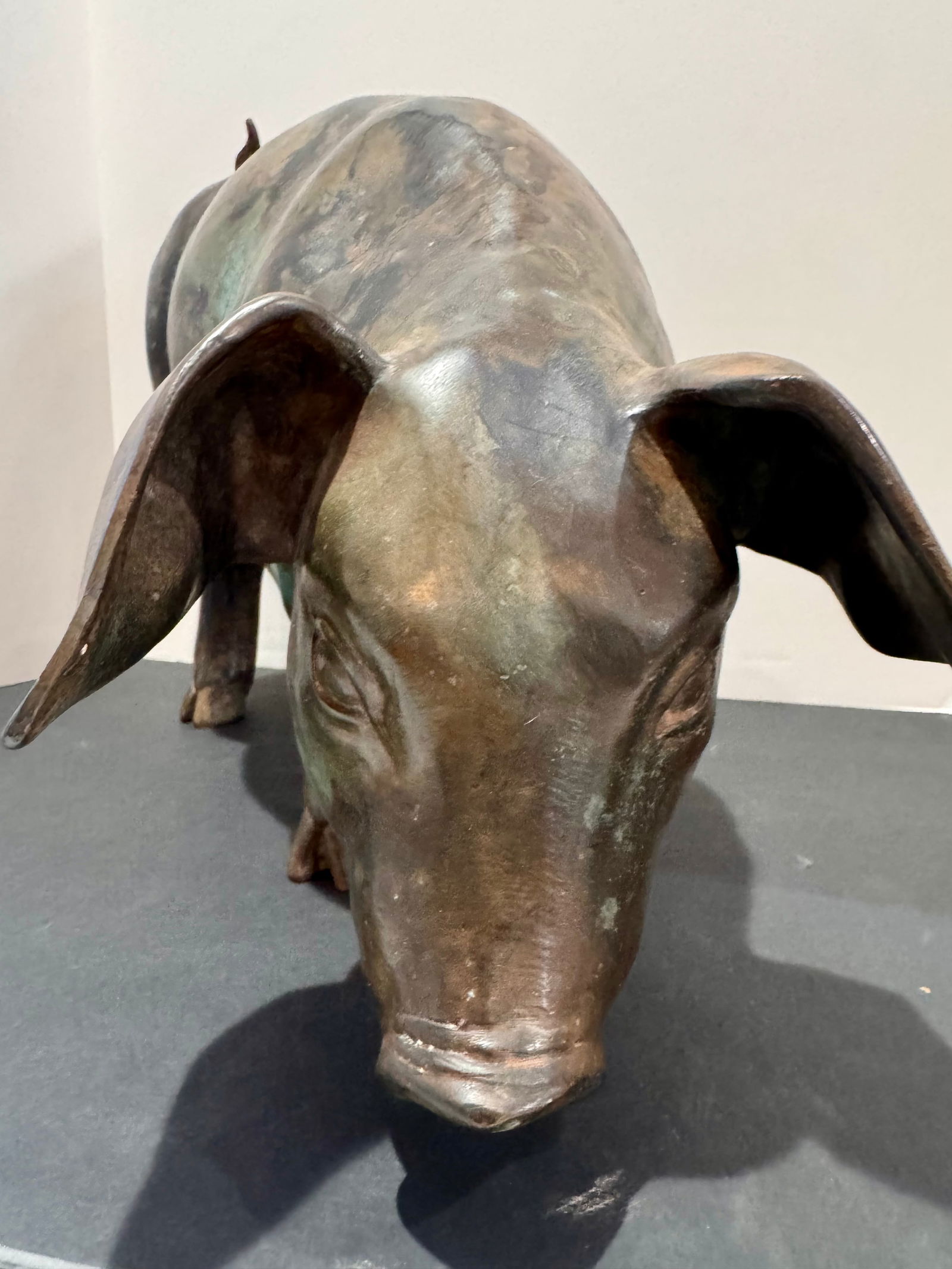 Large Bronze Pig Sculpture Grazing Farm Animal Statue Patina 15.5" Long 12" Tall - 2