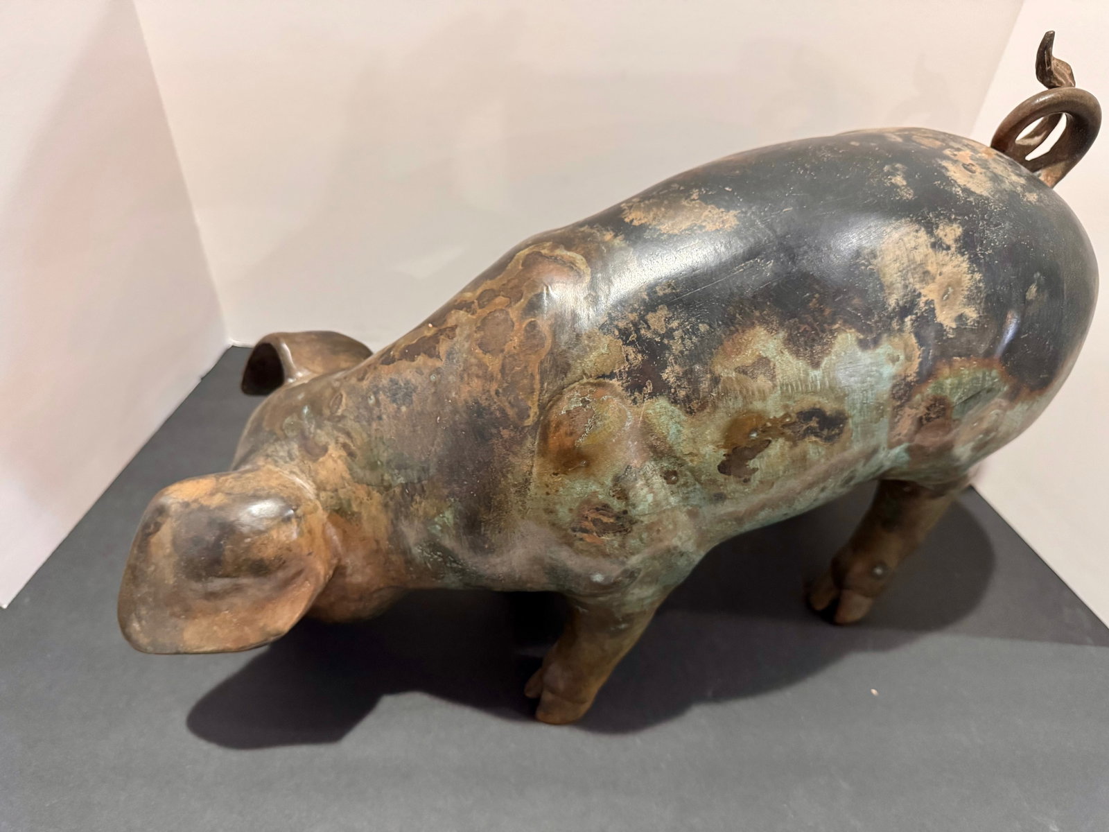Large Bronze Pig Sculpture Grazing Farm Animal Statue Patina 15.5" Long 12" Tall - 4