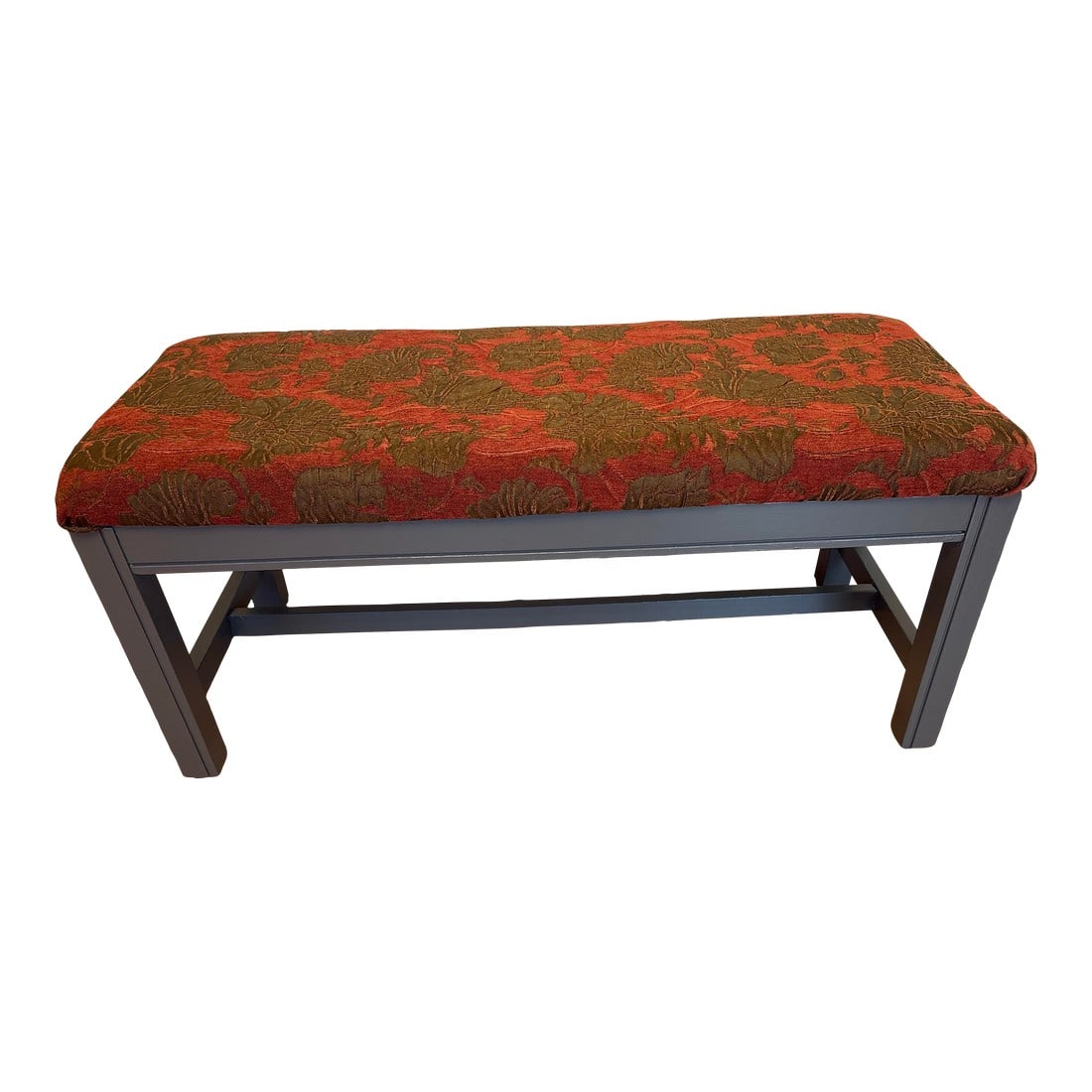1980s Mid Century Modern All Occasion Bench: Mis century modern newly upolstered and refinished ready to use 43" long by 19 inches deep bench. It has a rich color scheme for the bench and the color used to refinish the bench blends so well it lo