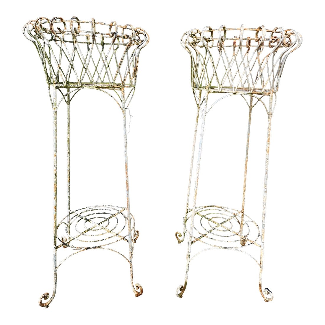 Pair of Antique French Iron Wire Flowerpot Stands Jardinieres,: This lovely pair of garden planters are Naturally weathered and Patinaed. Perfect for a beautiful bouquet of flowers or even better, Strawberries! One of the planters is not as perfectly round as