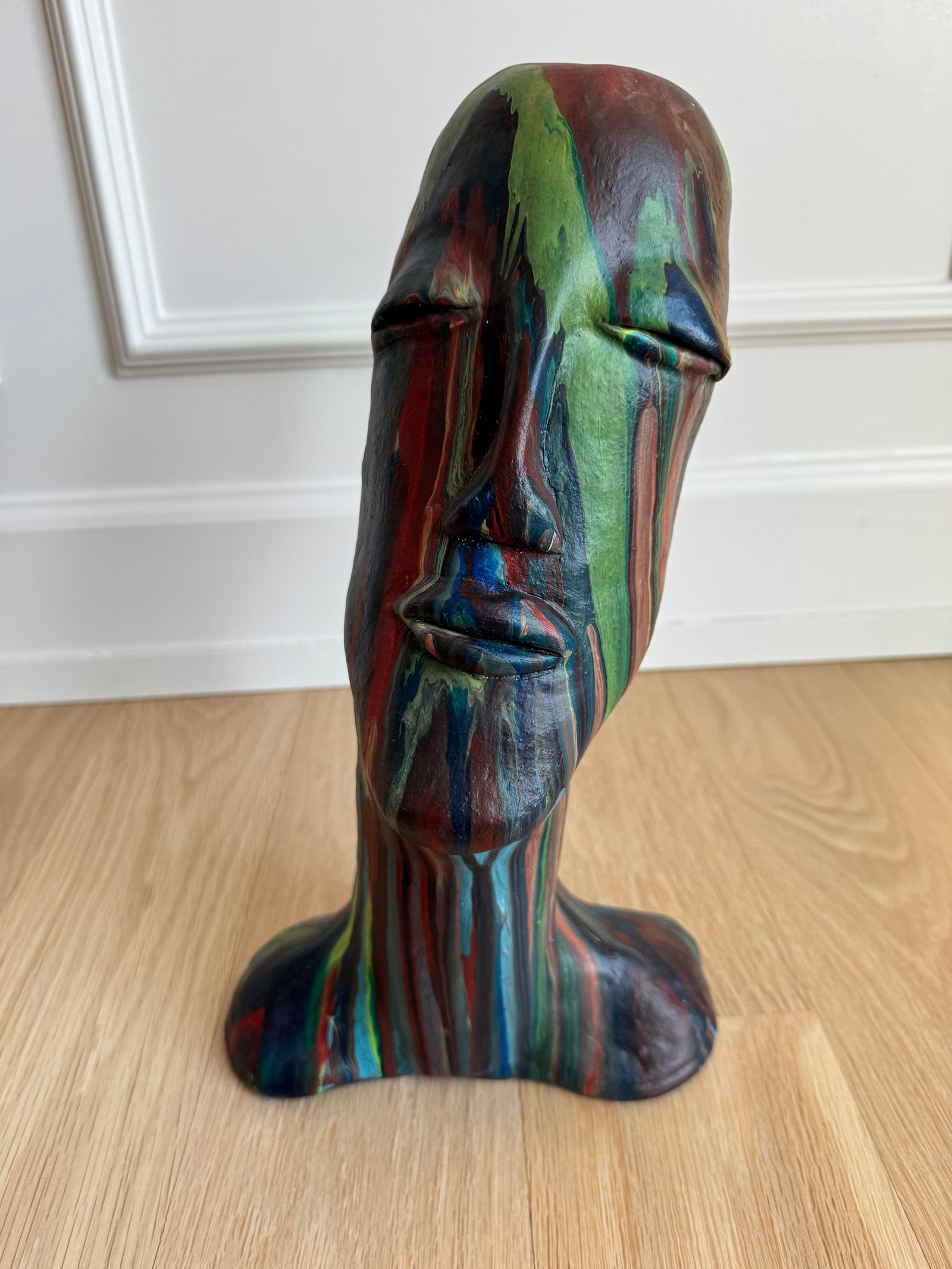 1970s Studio-Made Hand-Painted Clay Bust – Modernist Elongated Head Sculpture, Matte Finish, - 2
