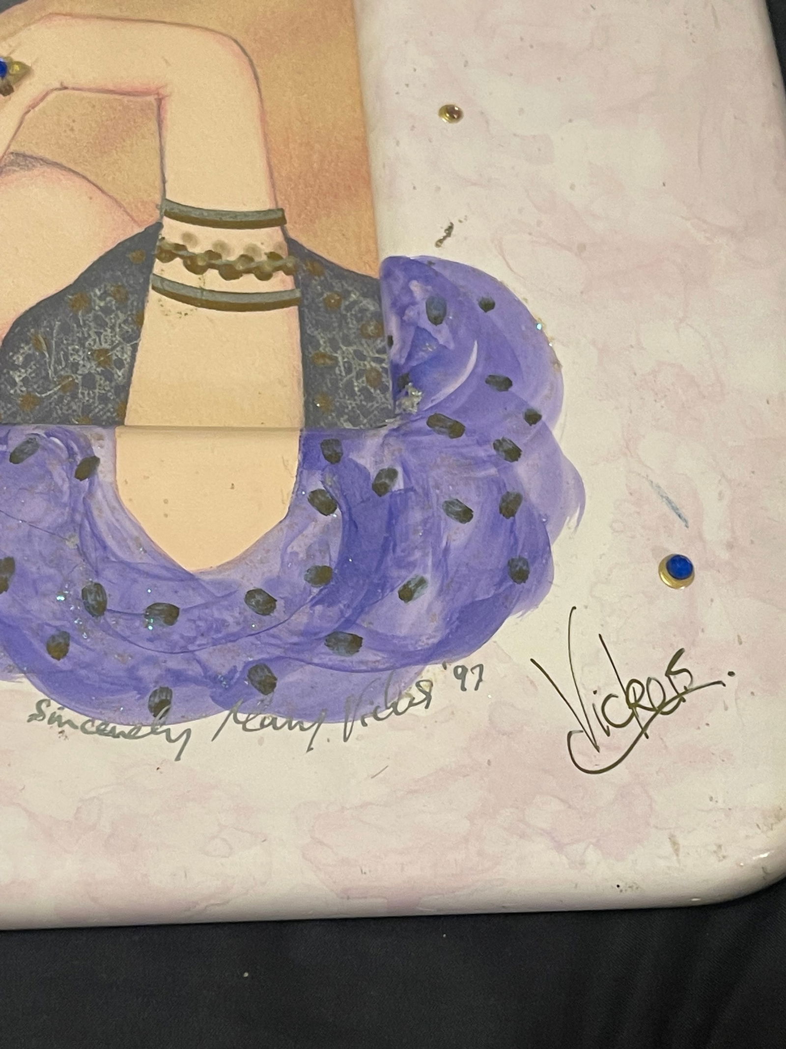 1990s 3D Mixed Media Embellished Print & Frame W Beads Sparkle Signed Mary Vickers - 2