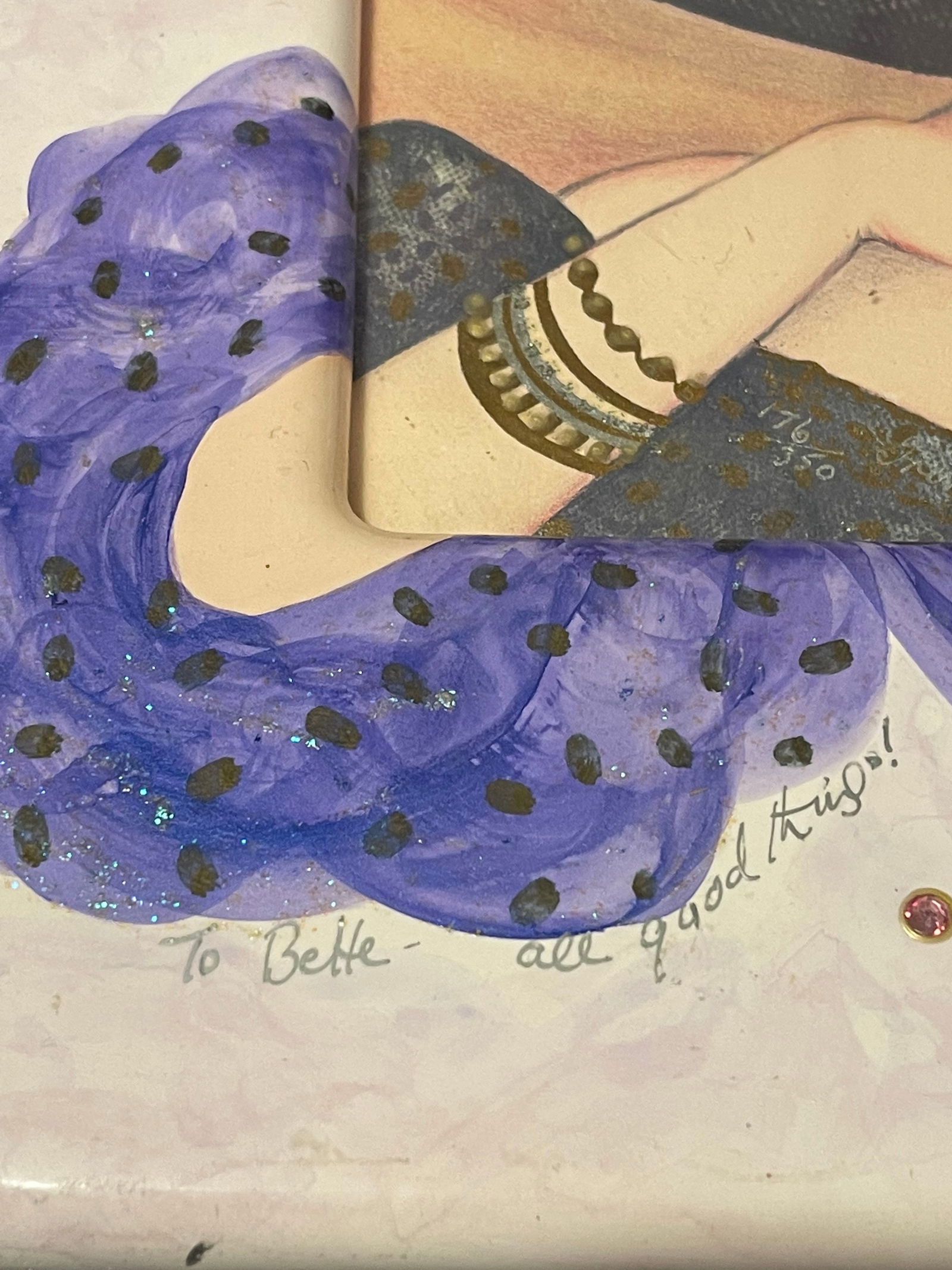 1990s 3D Mixed Media Embellished Print & Frame W Beads Sparkle Signed Mary Vickers - 3