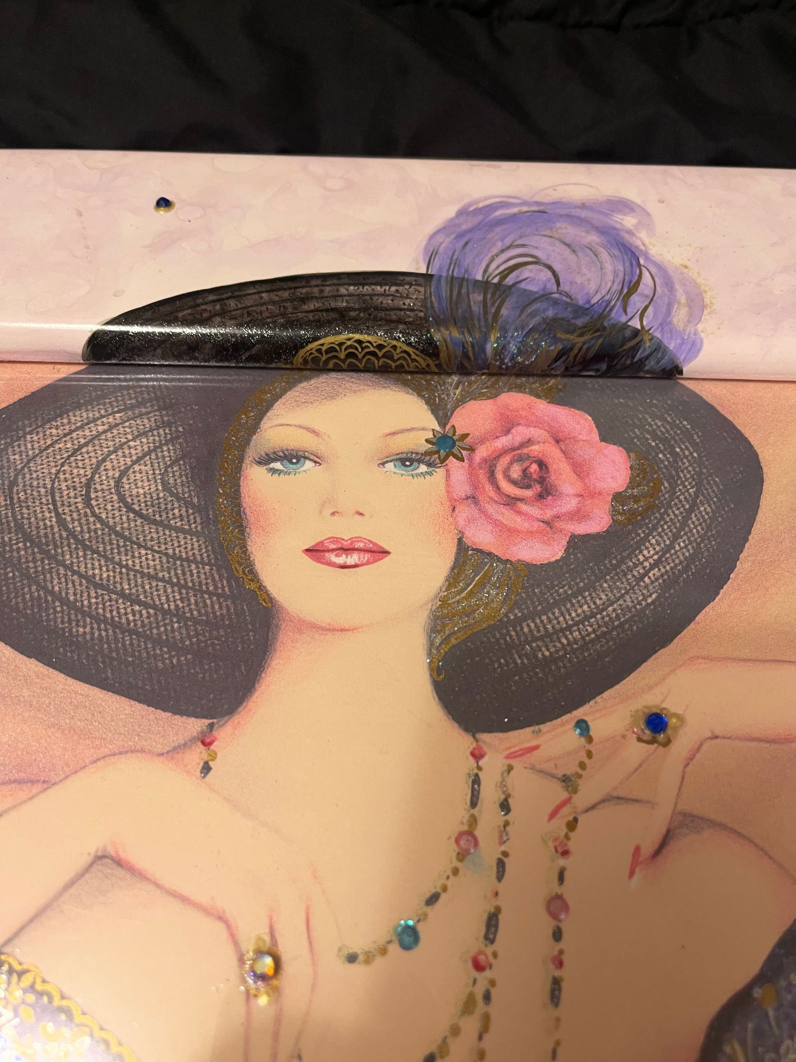 1990s 3D Mixed Media Embellished Print & Frame W Beads Sparkle Signed Mary Vickers - 4