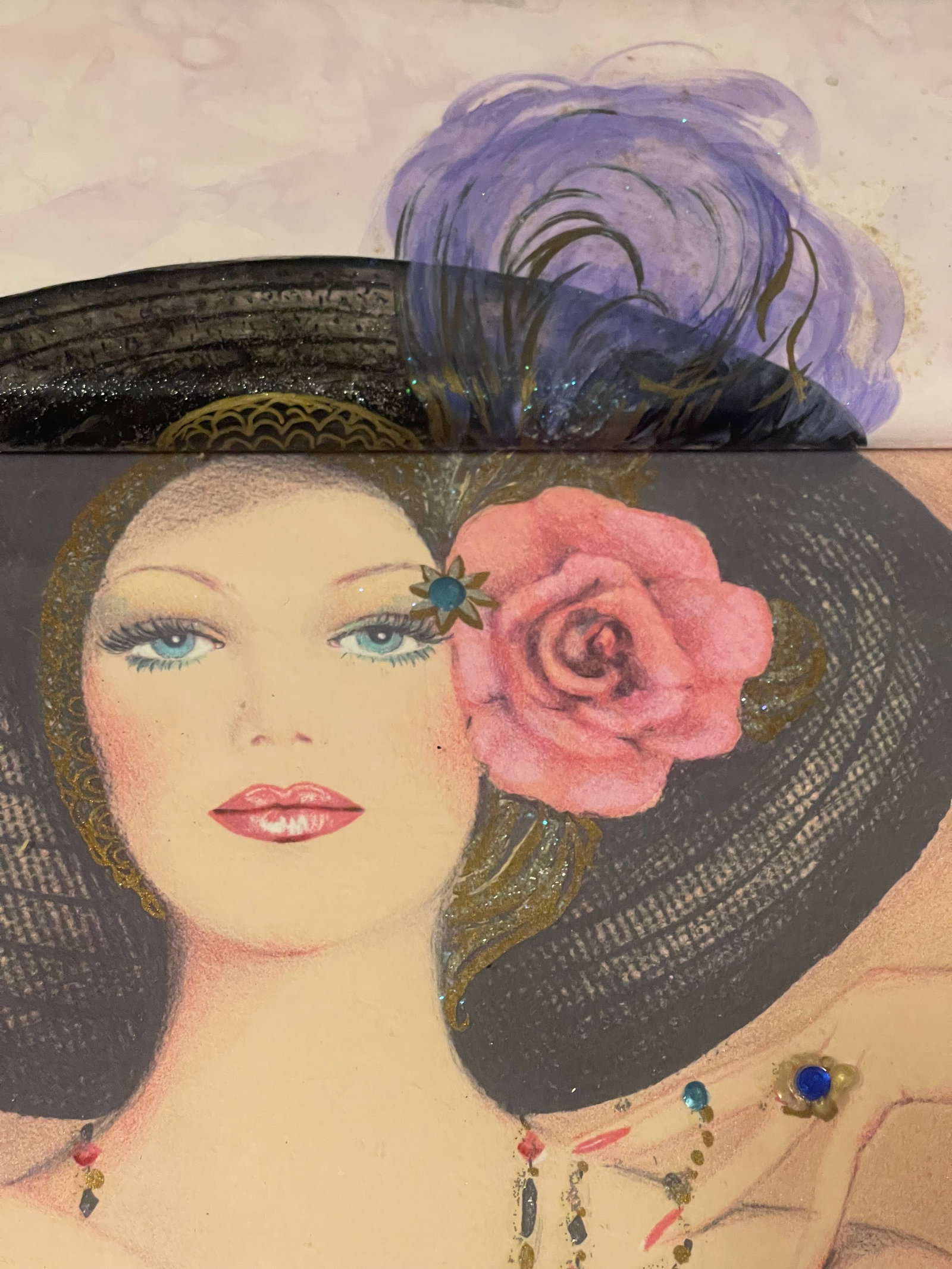 1990s 3D Mixed Media Embellished Print & Frame W Beads Sparkle Signed Mary Vickers - 5