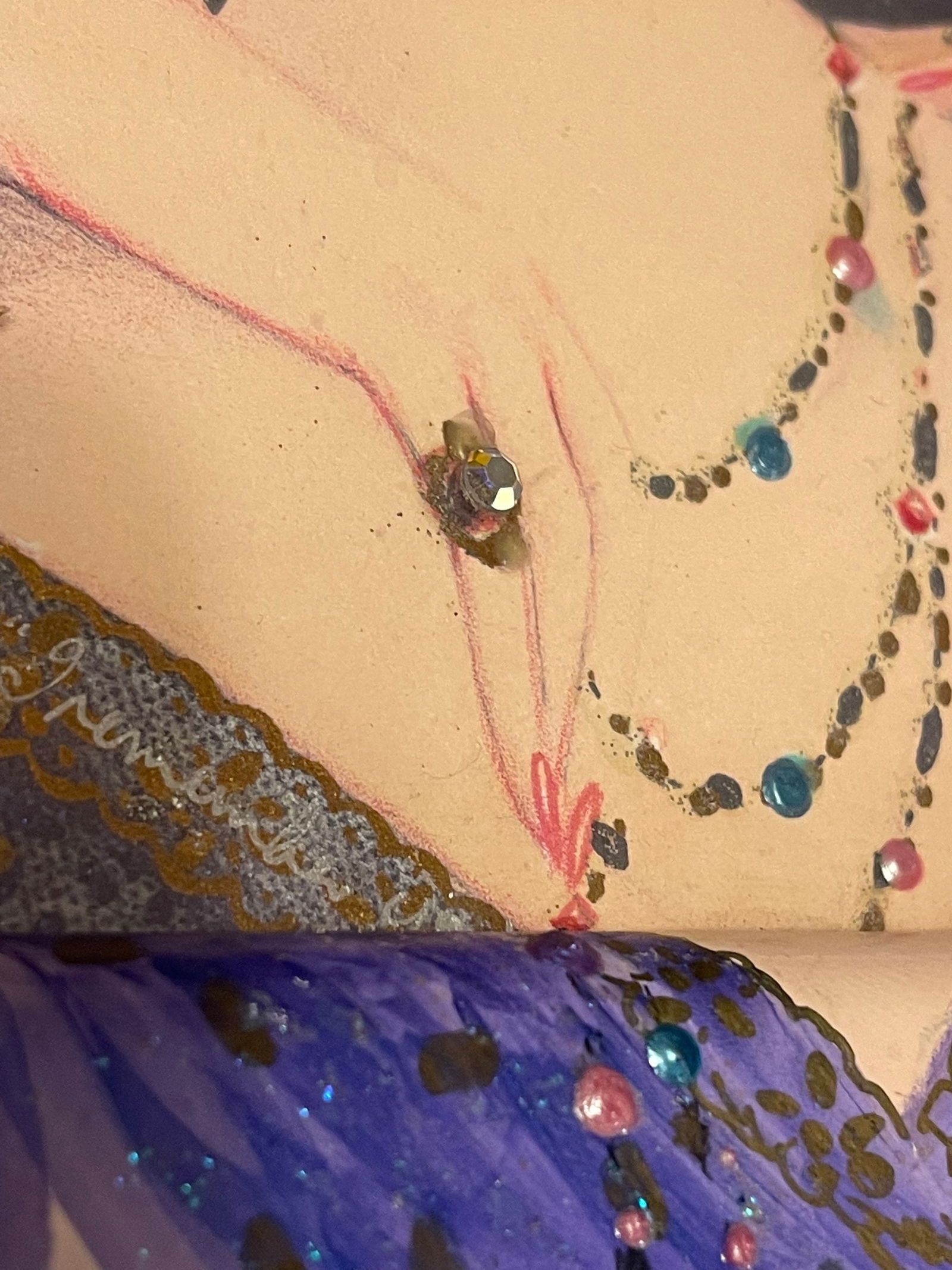 1990s 3D Mixed Media Embellished Print & Frame W Beads Sparkle Signed Mary Vickers - 7