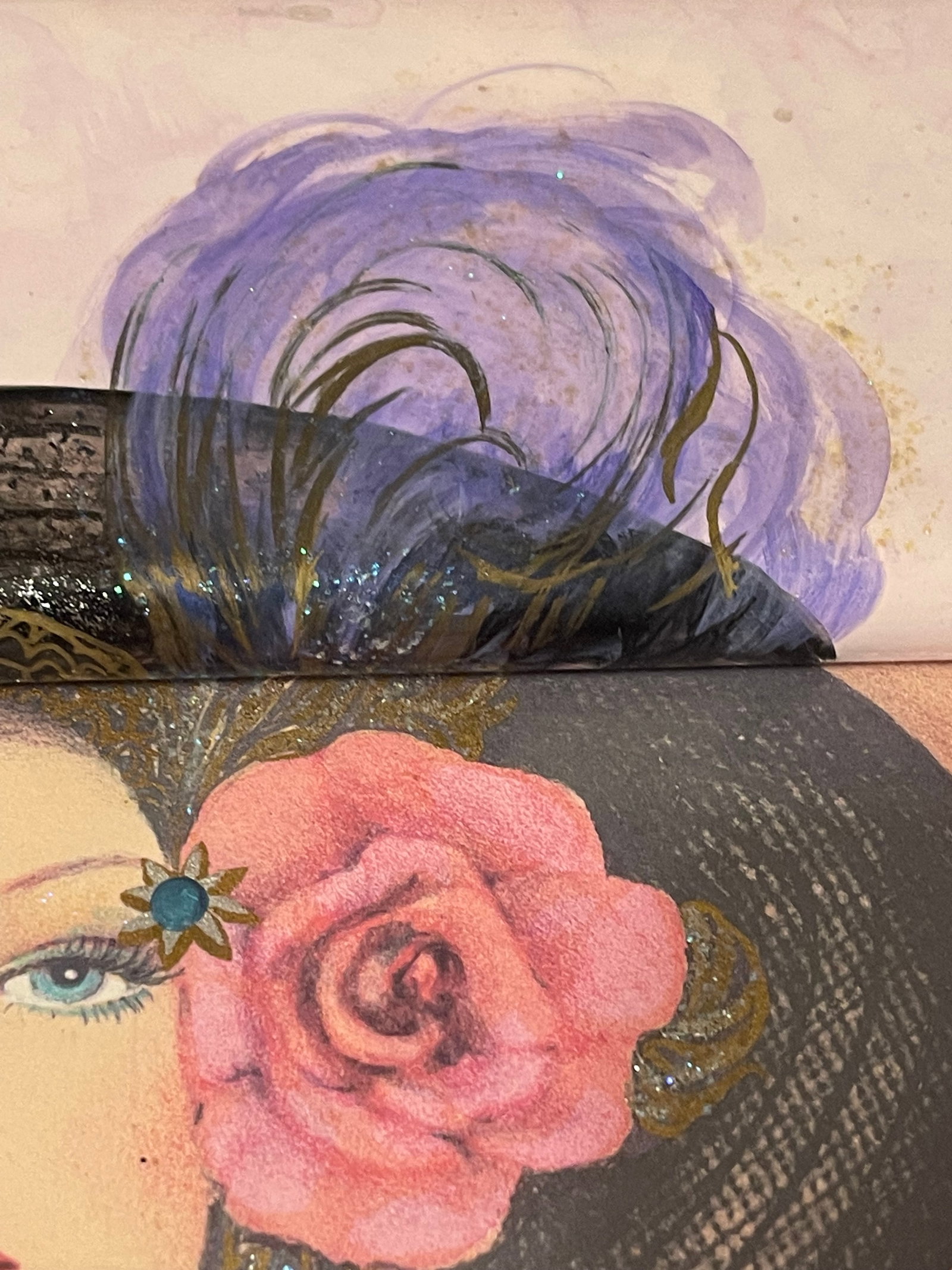 1990s 3D Mixed Media Embellished Print & Frame W Beads Sparkle Signed Mary Vickers - 9