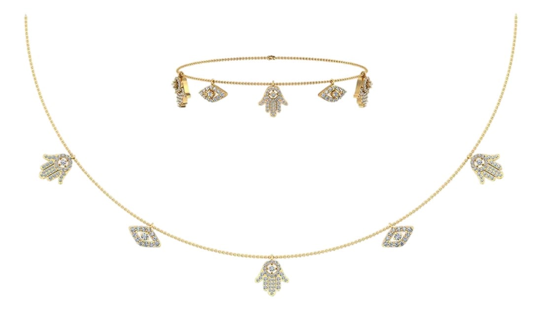14K Yellow Gold Hamsa Hand Evil Eye Necklace Bracelet Set 1-1/4 Cttw: This 14K Yellow Gold Hamsa Hand Evil Eye Necklace Bracelet Set 1-1/4 Cttw is a refined diamond bracelet crafted in premium rose gold and set with natural diamonds. Designed for stacking, gifting, or