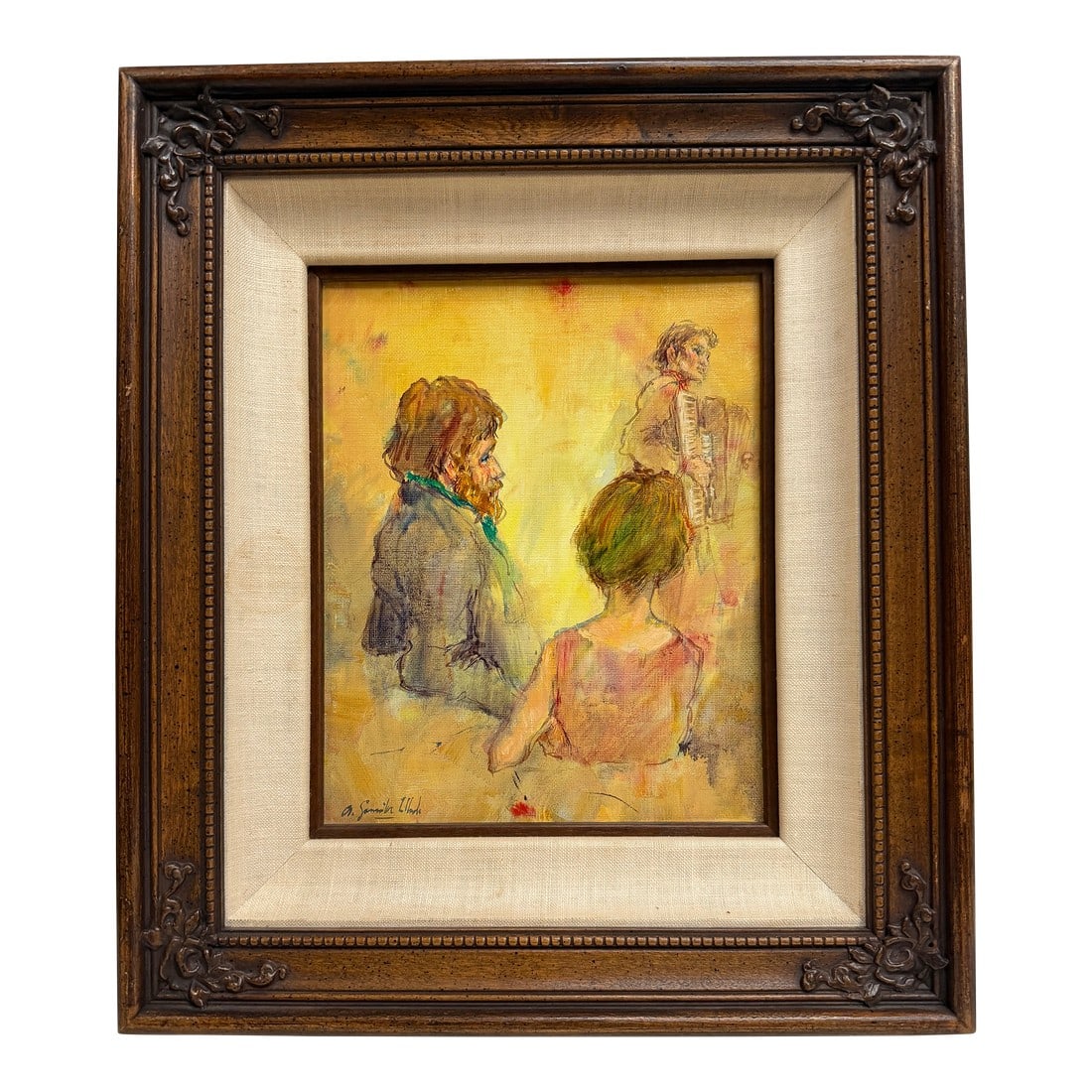 1960s Antonio GonzÃ¡lez Collado (Born 1930) Original Signed Oil on Canvas: An exceptional and beautifully preserved original oil painting by Spanish modernist Antonio GonzÃ¡lez Collado. This intimate composition captures a quiet musical moment "” three