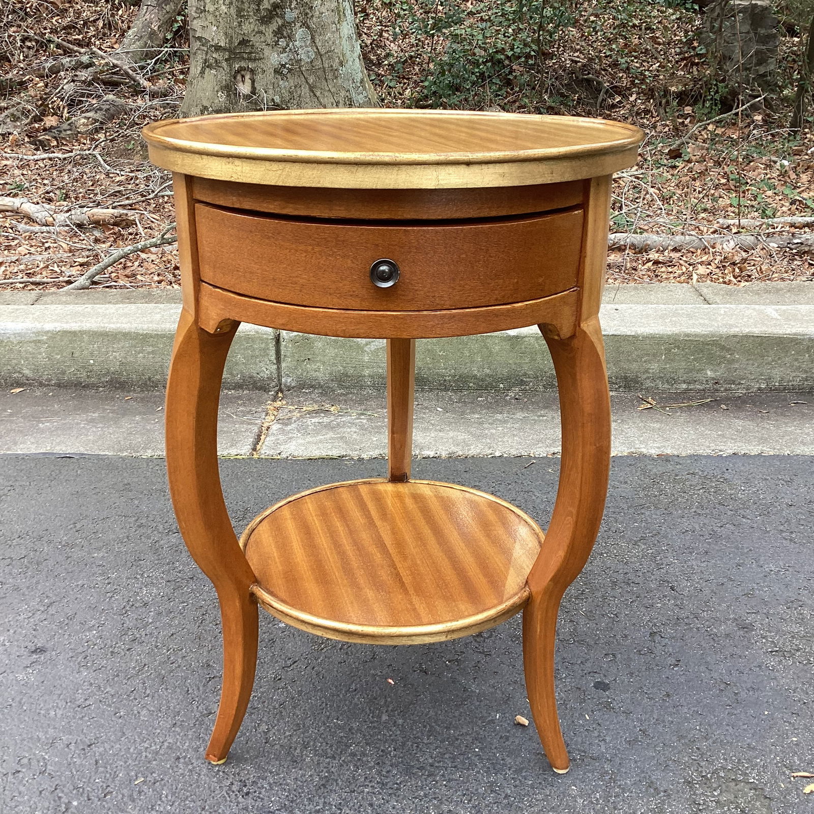Vintage Round Mahogany Two-Tier Side Table With Drawer - Regency Style Accent Table - 8
