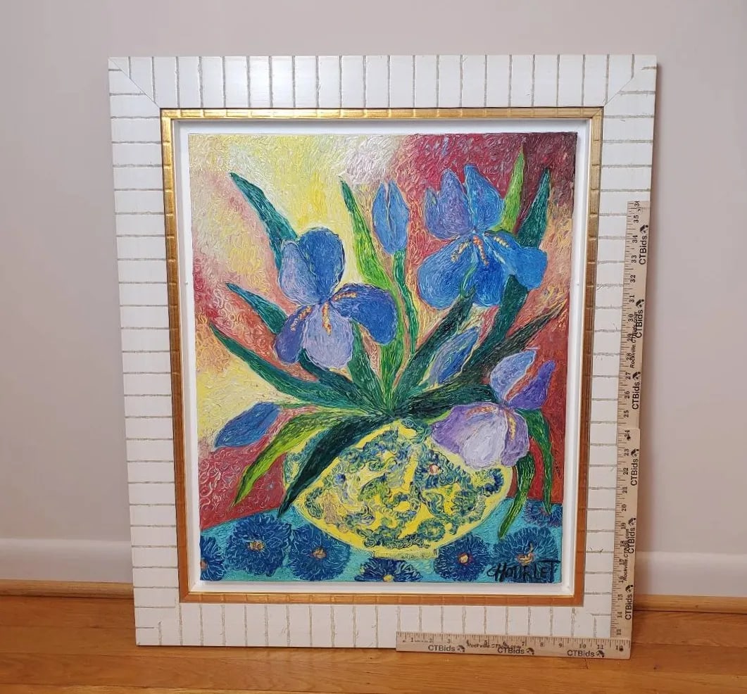 Original Céline Chourlet "Bouquet d'Iris Mauve" Oil Painting With Coa - 5