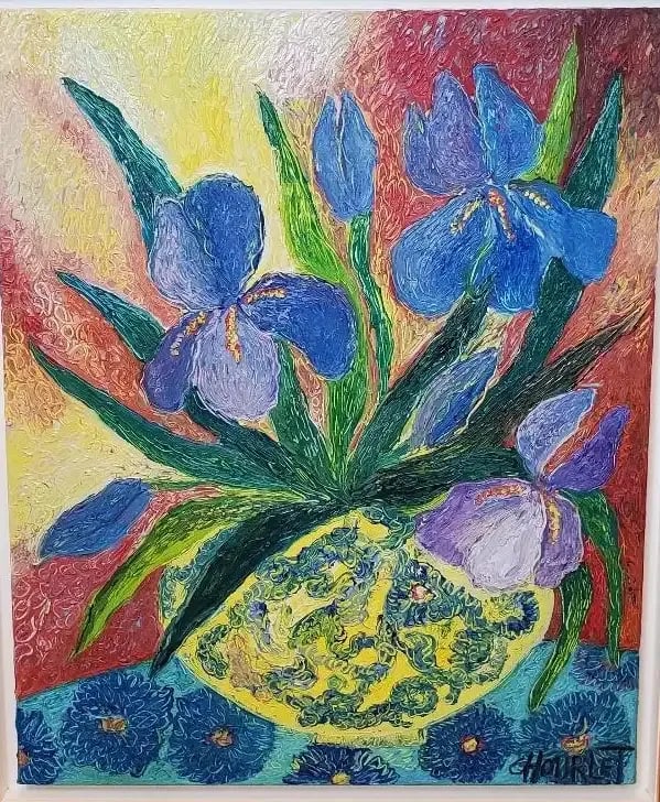 Original Céline Chourlet "Bouquet d'Iris Mauve" Oil Painting With Coa - 7