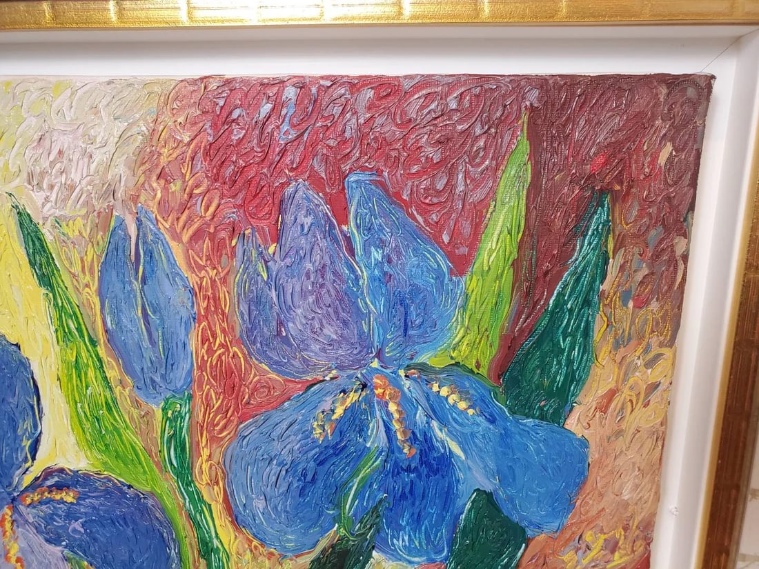 Original Céline Chourlet "Bouquet d'Iris Mauve" Oil Painting With Coa - 9