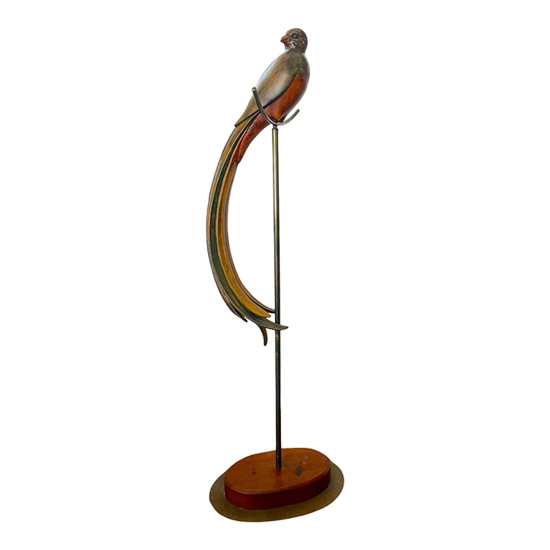 1980s Monumental Hand-Carved Wood Parrot Sculpture on Brass Stand "” 58" Tall: A true statement piece. This monumental hand-carved wood parrot stands an impressive 58 inches tall, perched elegantly on a slender brass rod and oval wood-and-brass base. At 18" wide and 12" deep,