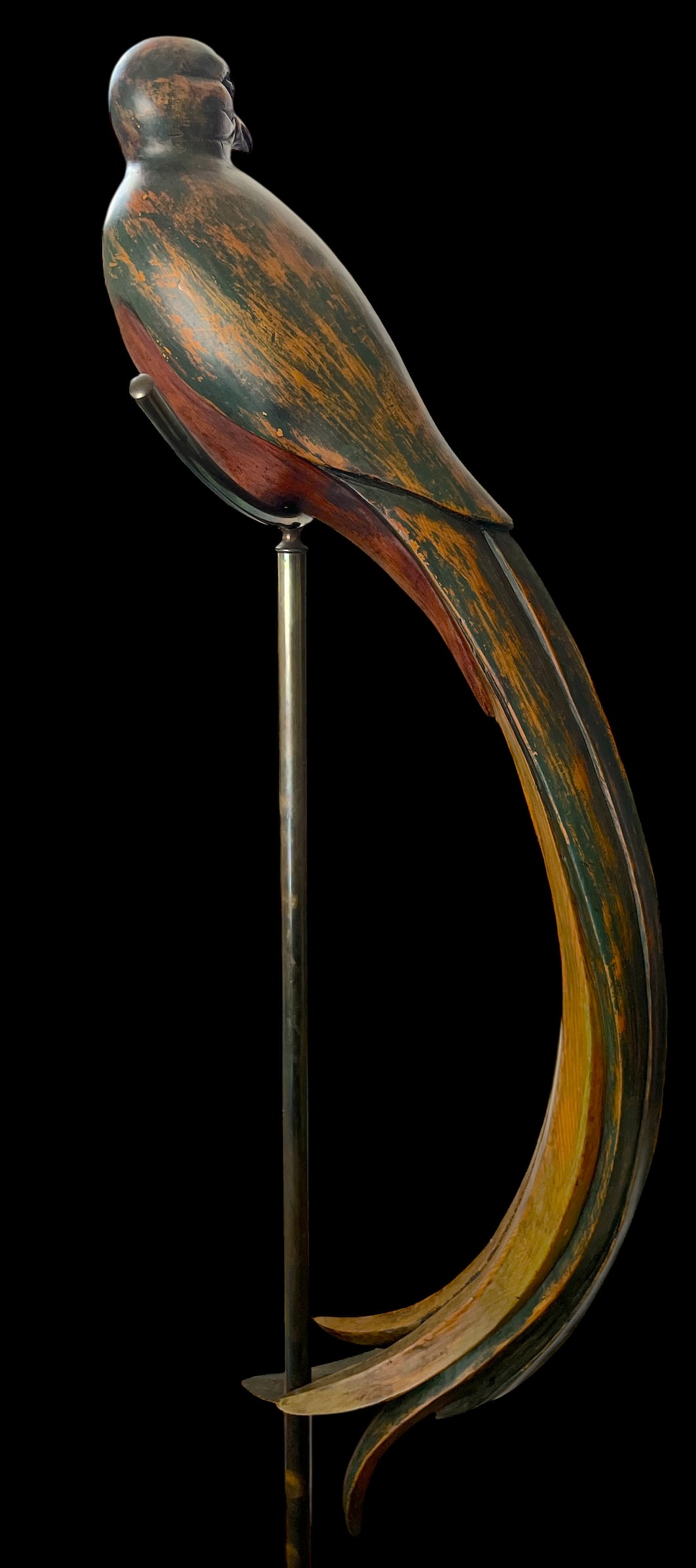 1980s Monumental Hand-Carved Wood Parrot Sculpture on Brass Stand "” 58" Tall - 2