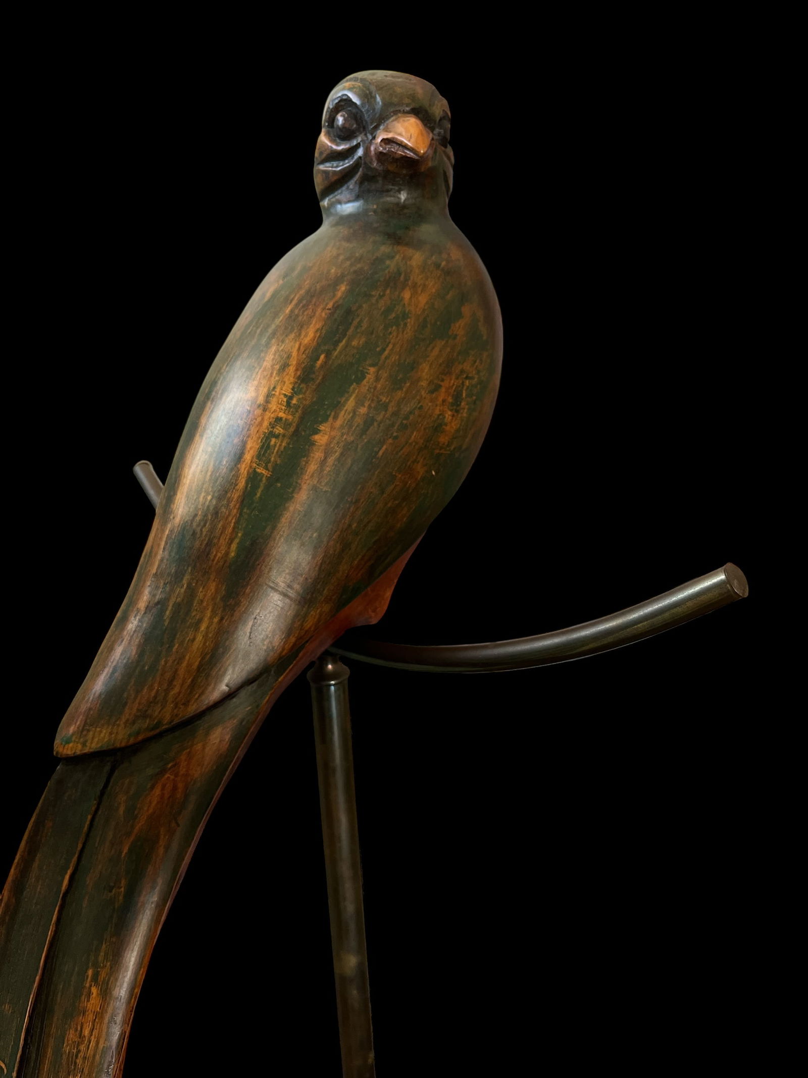 1980s Monumental Hand-Carved Wood Parrot Sculpture on Brass Stand "” 58" Tall - 5