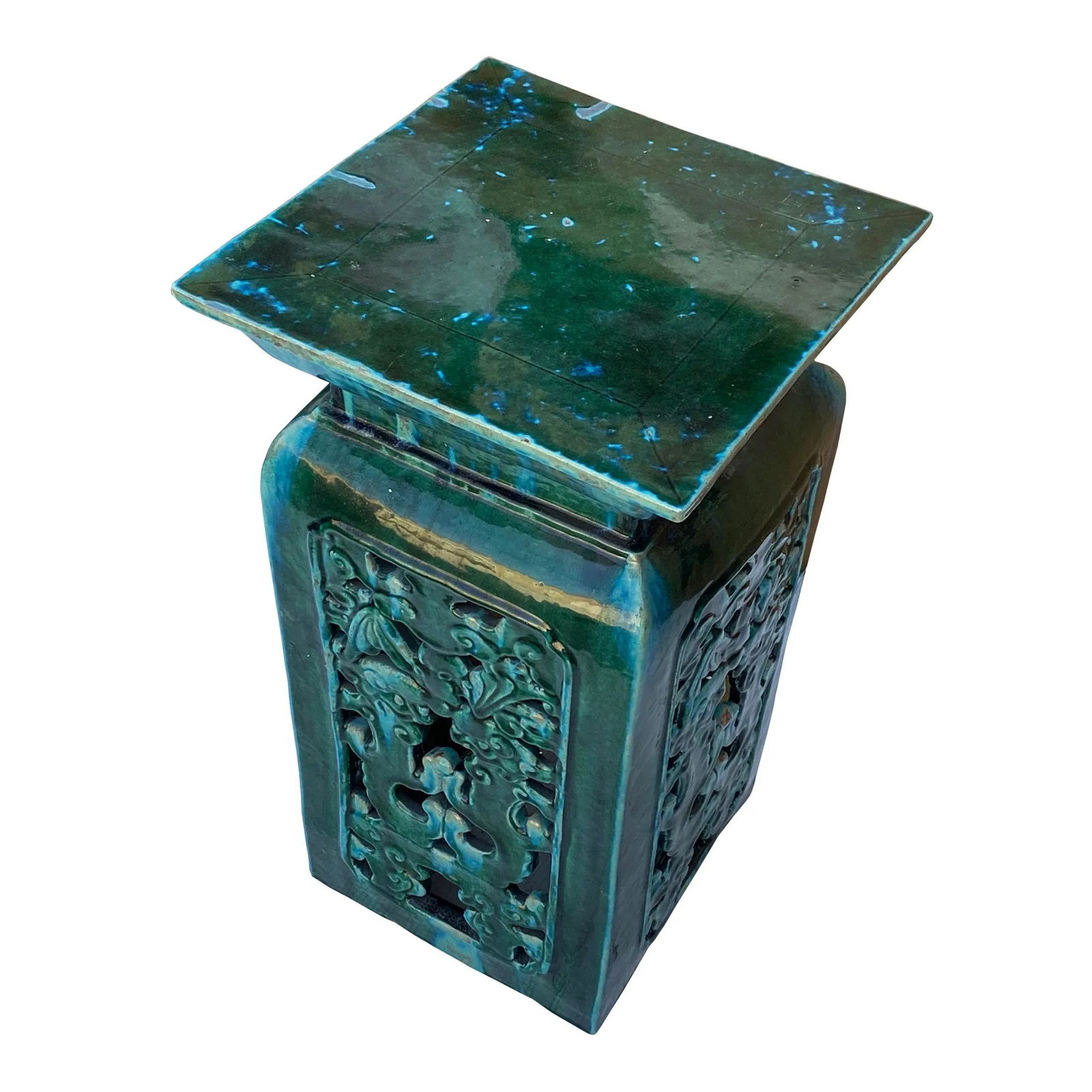 Ceramic Clay Green Square Tall Pedestal Table Bats Dragons Stand - 2