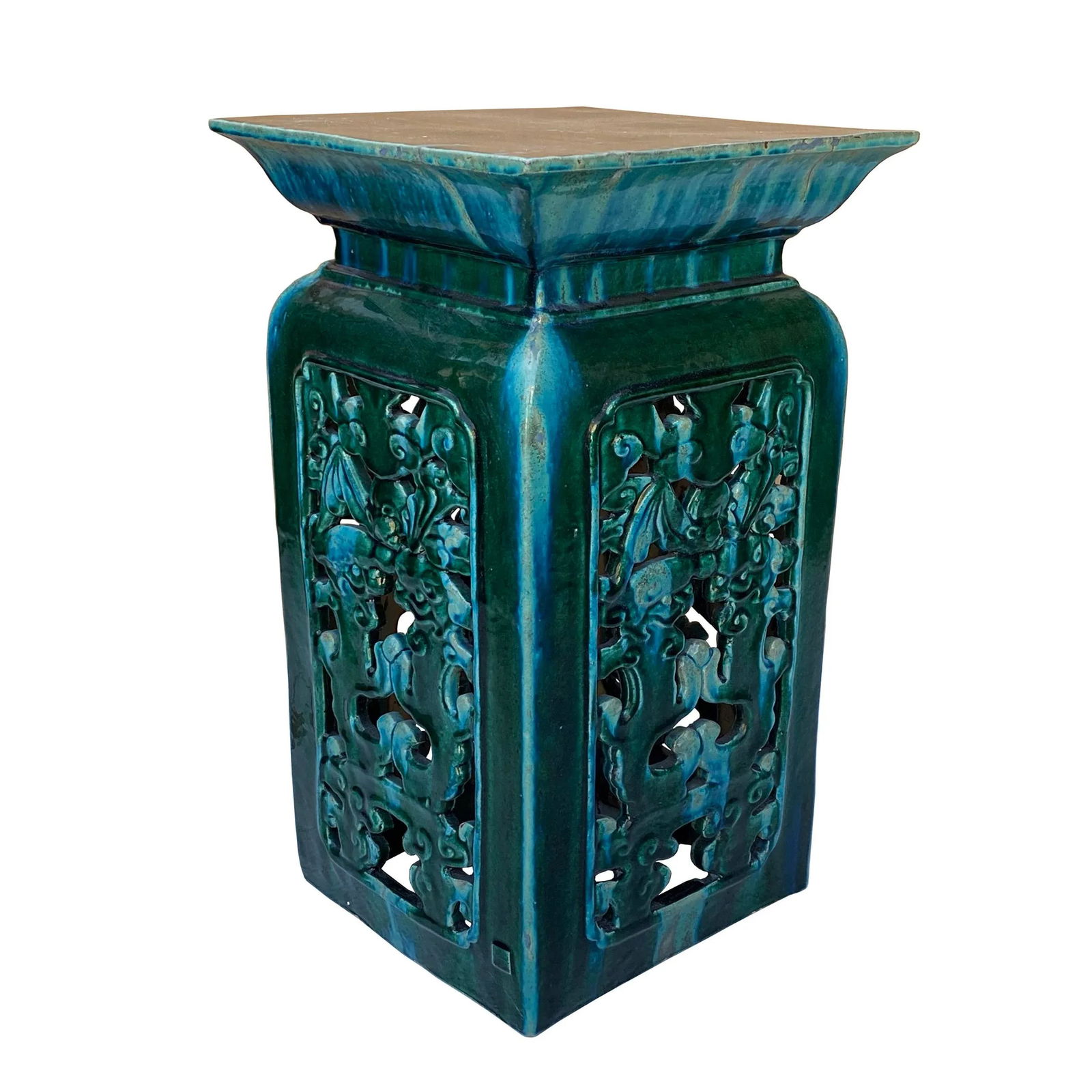 Ceramic Clay Green Square Tall Pedestal Table Bats Dragons Stand - 5