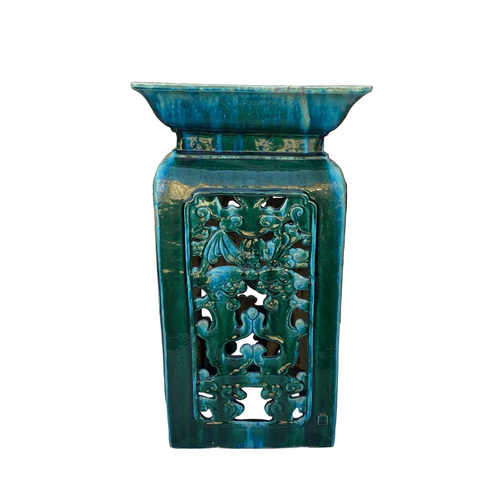 Ceramic Clay Green Square Tall Pedestal Table Bats Dragons Stand - 6