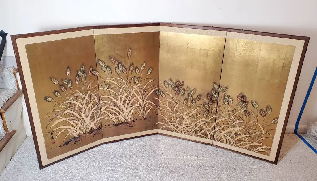 Vintage Japanese Byobu 4-Panel Gold Leaf Folding Screen Hand Painted Wheat Field Signed - 3