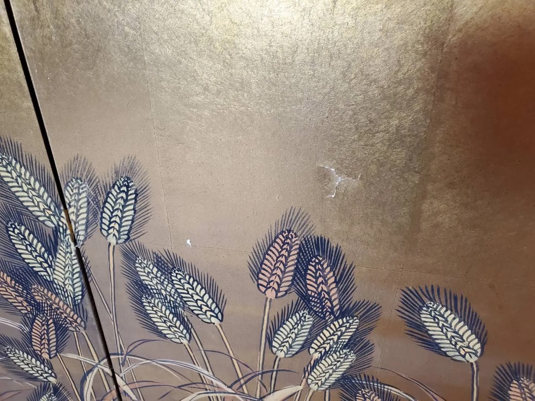 Vintage Japanese Byobu 4-Panel Gold Leaf Folding Screen Hand Painted Wheat Field Signed - 4