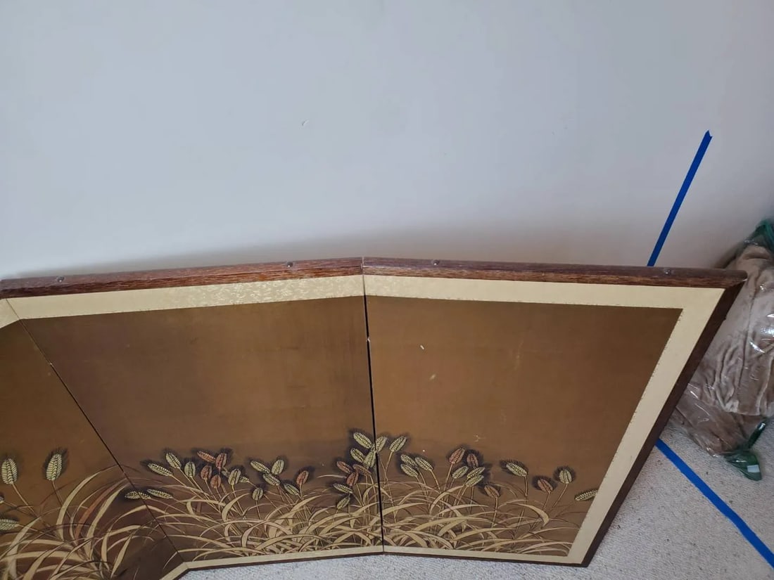 Vintage Japanese Byobu 4-Panel Gold Leaf Folding Screen Hand Painted Wheat Field Signed - 5