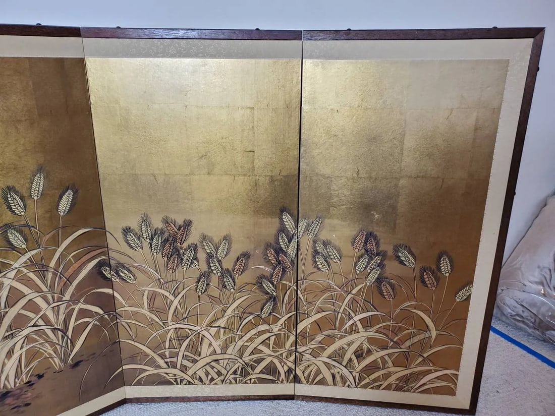 Vintage Japanese Byobu 4-Panel Gold Leaf Folding Screen Hand Painted Wheat Field Signed - 8