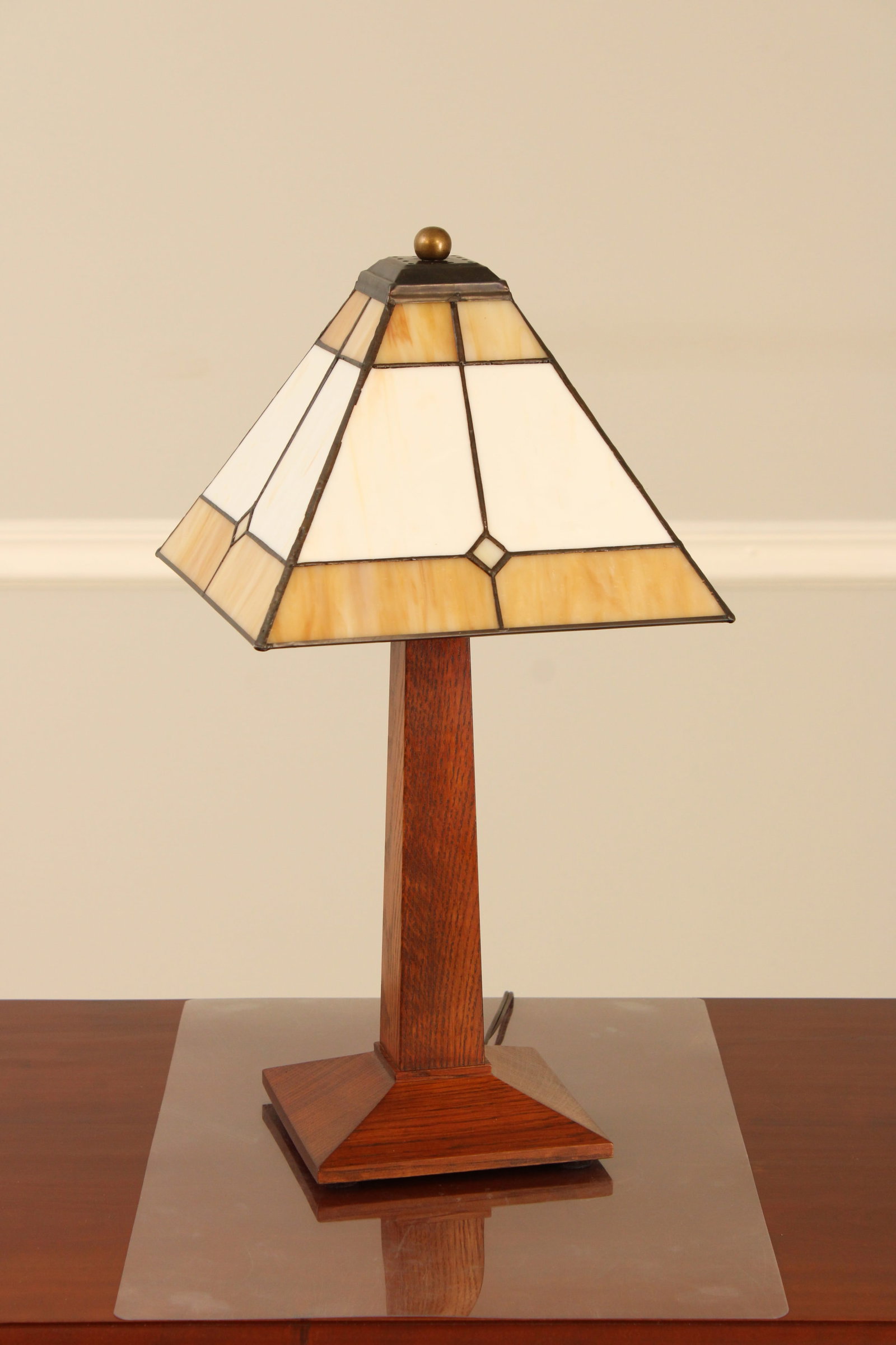 Pair Stickley Mission Oak Slag Glass Lamps - 2