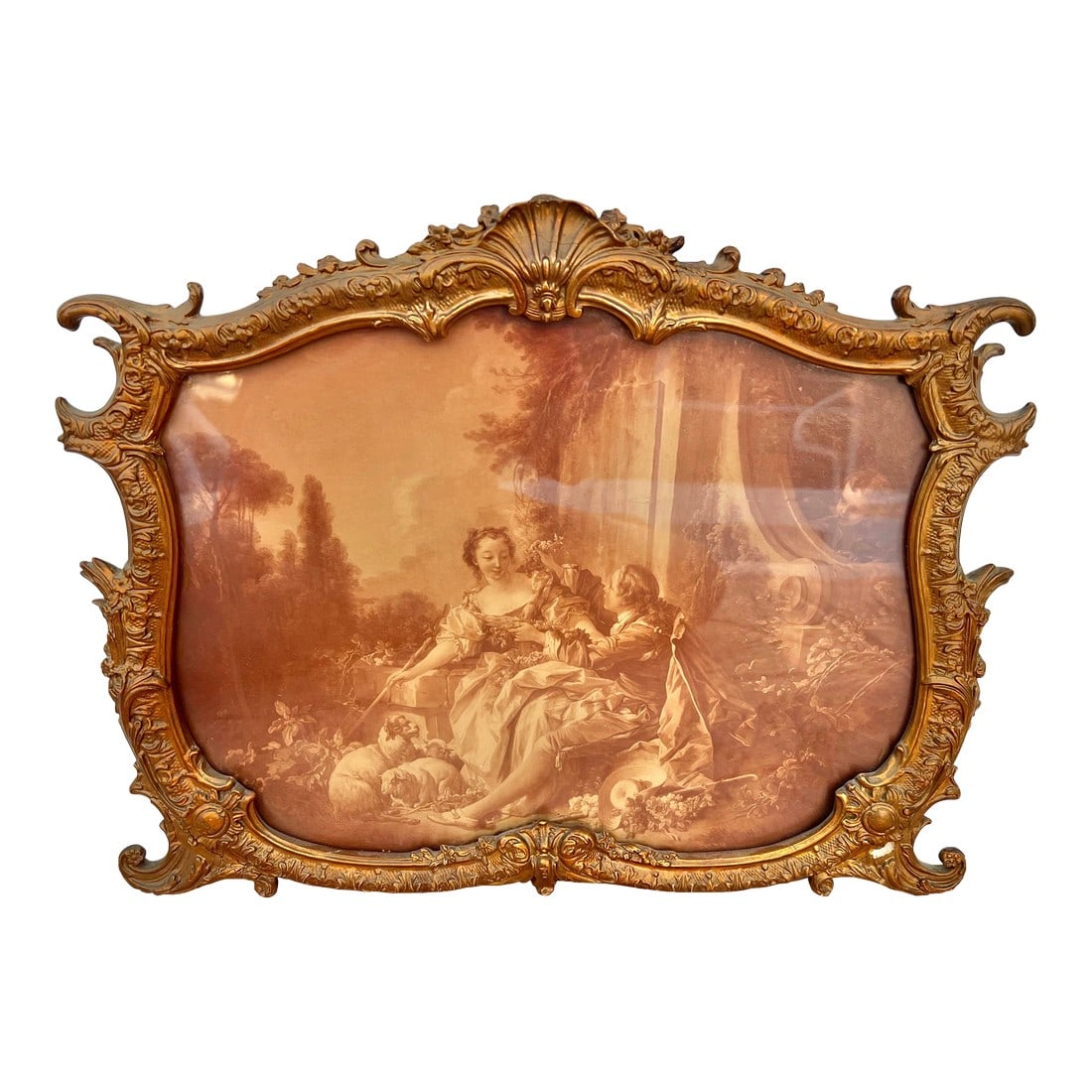 Antique French Romantic Frame & Picture Reproduction Print: This is a Beautiful Antique French print, with a romantic scene, framed (behind glass) in antique gilded frame. The print is executed in sepia, a range of brown tones. The frame is made of wood,