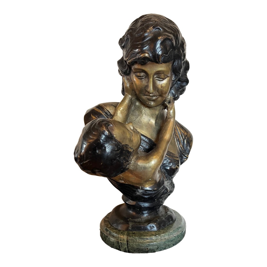 Early 20th Century Large 18" Patinated Metal Bust After Luca Madrassi – Heavy 27lb Sculpture: Capture the Elegance of 19th-Century Art Bring a sense of timeless sophistication to your home with this exquisite, large-scale bust depicting a tender Mother and Child. Modeled in the romantic