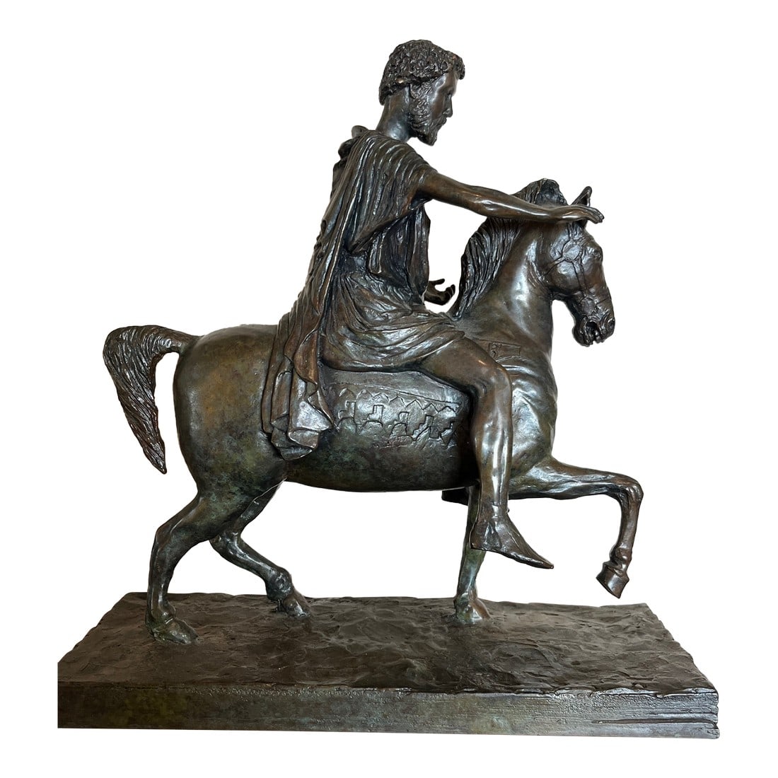 Late 20th Century Bronze-Style Roman Equestrian Statue, Marcus Aurelius Reproduction, Heavy Weighted: Enhance your home or office with this striking, heavy-weighted bronze-finish sculpture depicting a Roman Emperor on horseback. Inspired by the iconic equestrian statue of Marcus Aurelius, this piece