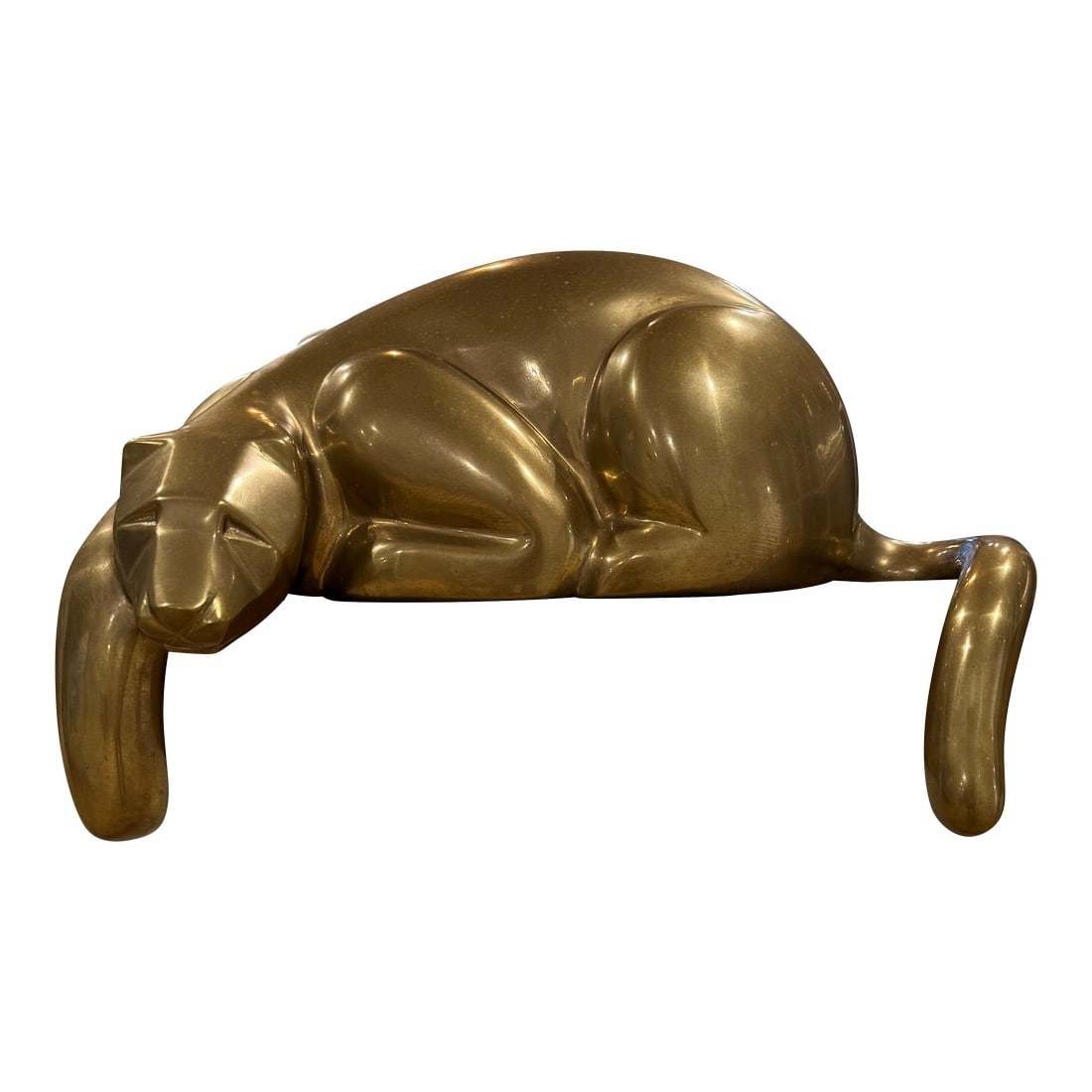 1980 Large 16" Dolbi Cashier Brass Reclining Panther Sculpture – Signed With Original Sticker: Impressive large-scale Dolbi Cashier brass reclining panther sculpture, measuring 16 inches in length and retaining its original maker's sticker. This one is in remarkable, near-pristine condition. 
