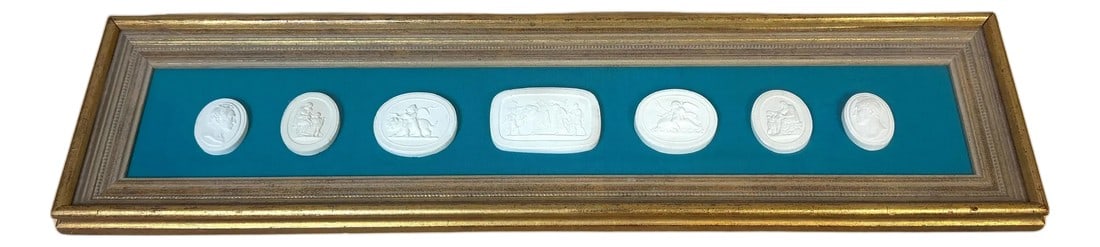 Framed Group of Seven Italian Grand Tour Cast Plaster Intaglios, 19th Century: Framed Group of Seven Italian Grand Tour Cast Plaster Intaglios, 19th Century This refined framed composition features a group of seven Italian Grand Tour intaglios, executed in cast plaster and