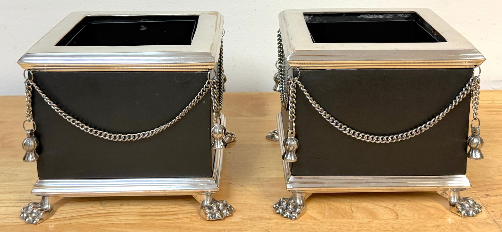 Pair Russian-Style Neoclassical Silverplated Bronze & Leather Paw Feet Cachepots - 2