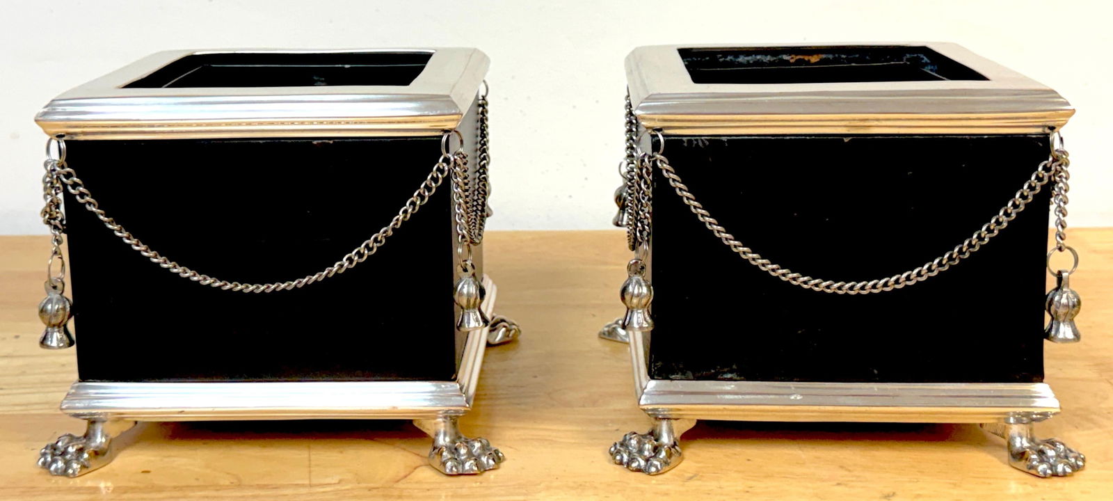 Pair Russian-Style Neoclassical Silverplated Bronze & Leather Paw Feet Cachepots - 7