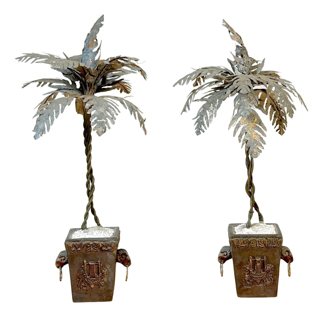 Pair Neoclassical Style Tole Palm Tree Topiaries, Attributed to Maitland-Smith: Pair Neoclassical Style Tole Palm Tree Topiaries, Attributed to Maitland-Smith This striking pair of Neoclassical-style tole palm tree topiaries exemplifies the enduring appeal of classical motifs