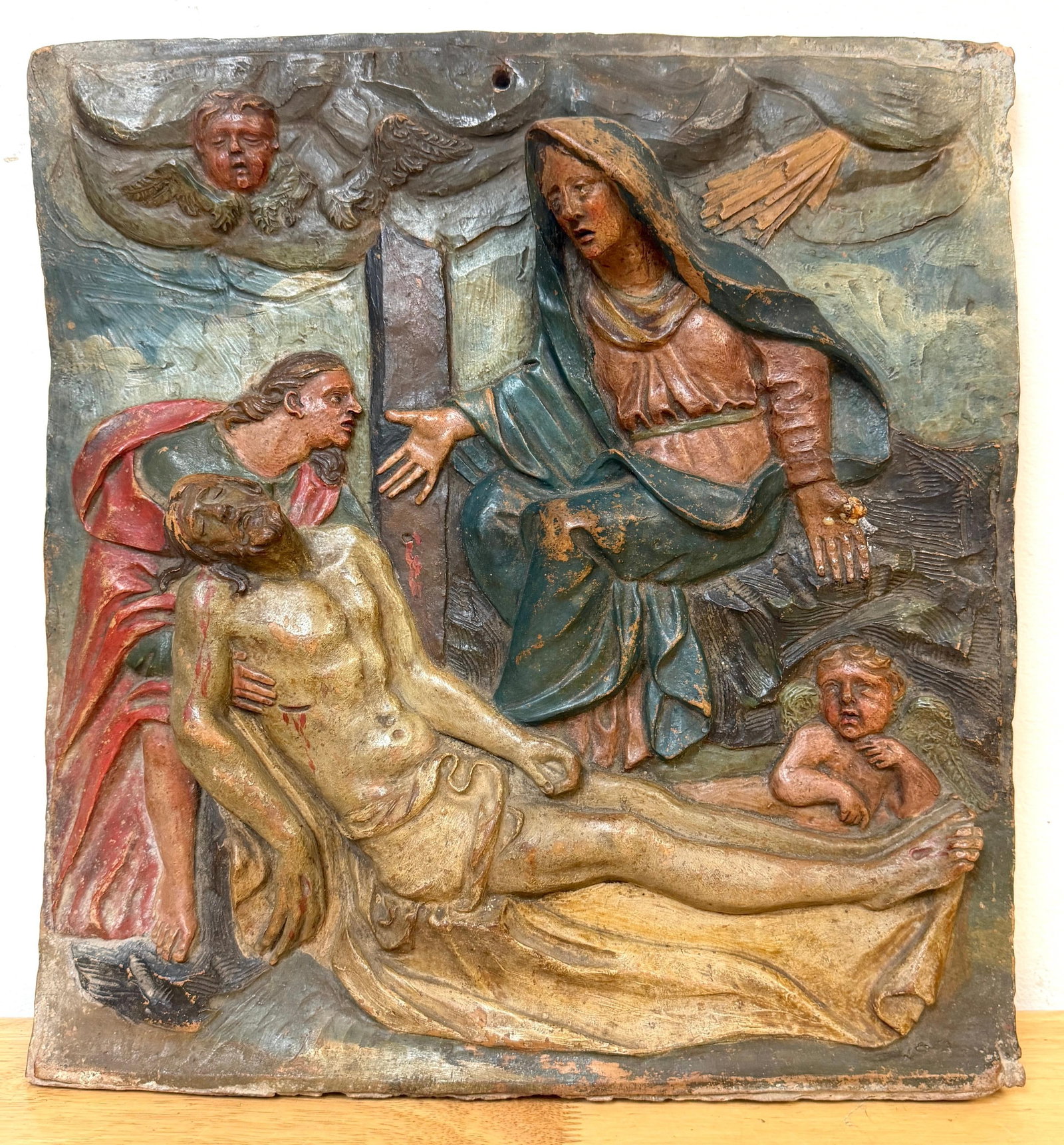 19th Century Italian Polychromed Terracotta Relief Plaque of the PietÃ  - 2