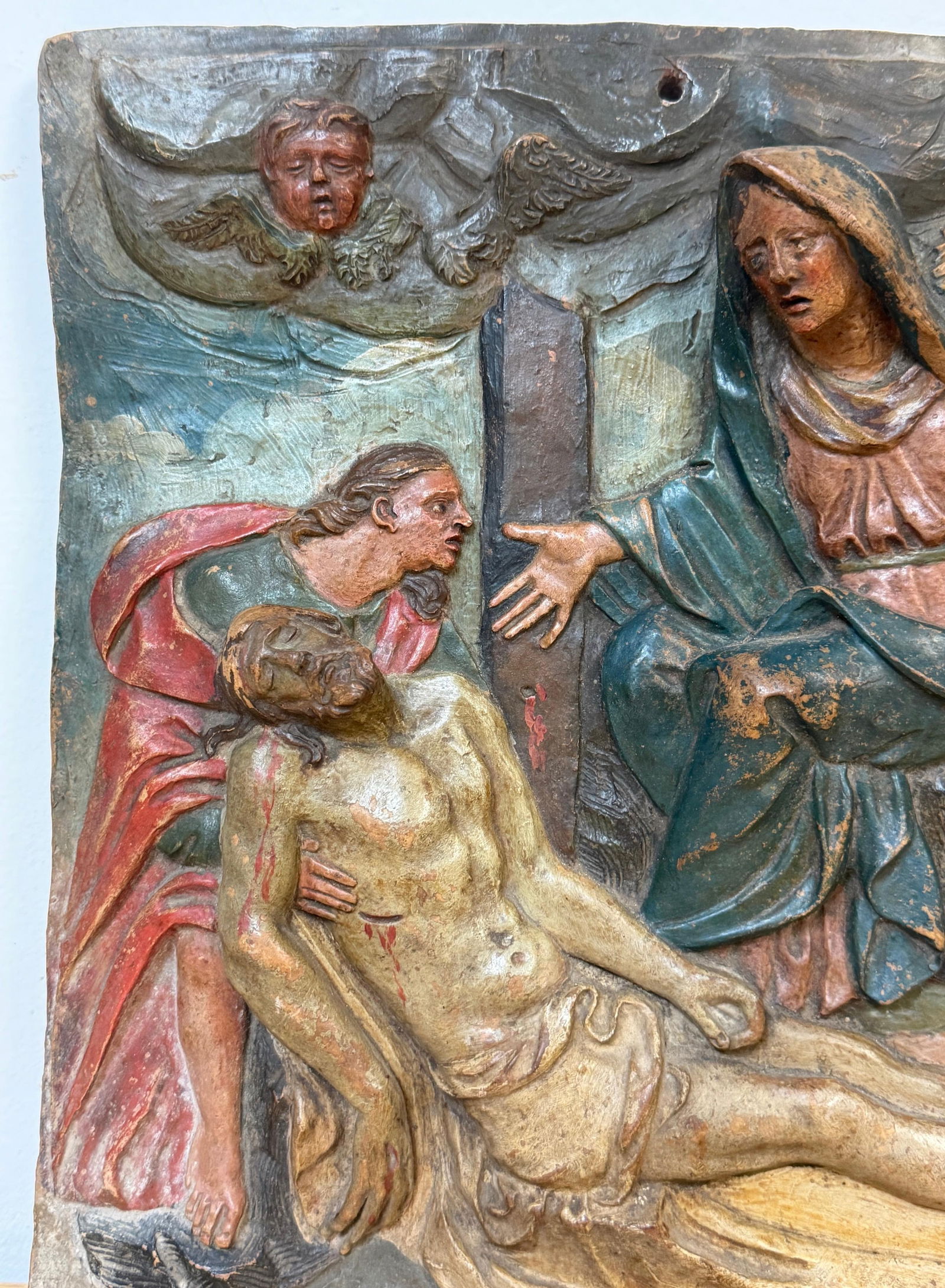 19th Century Italian Polychromed Terracotta Relief Plaque of the PietÃ  - 7